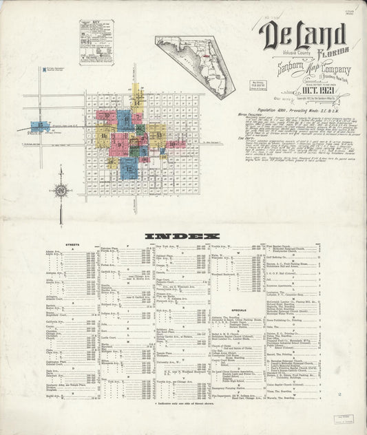 Sanborn Fire Insurance Map from De Land, Volusia County, Florida (1921), Sheet #0001 - Historic Sanborn Fire Insurance Map Print, vintage old map wall art, antique decor, genealogy gift, Florida Florida map