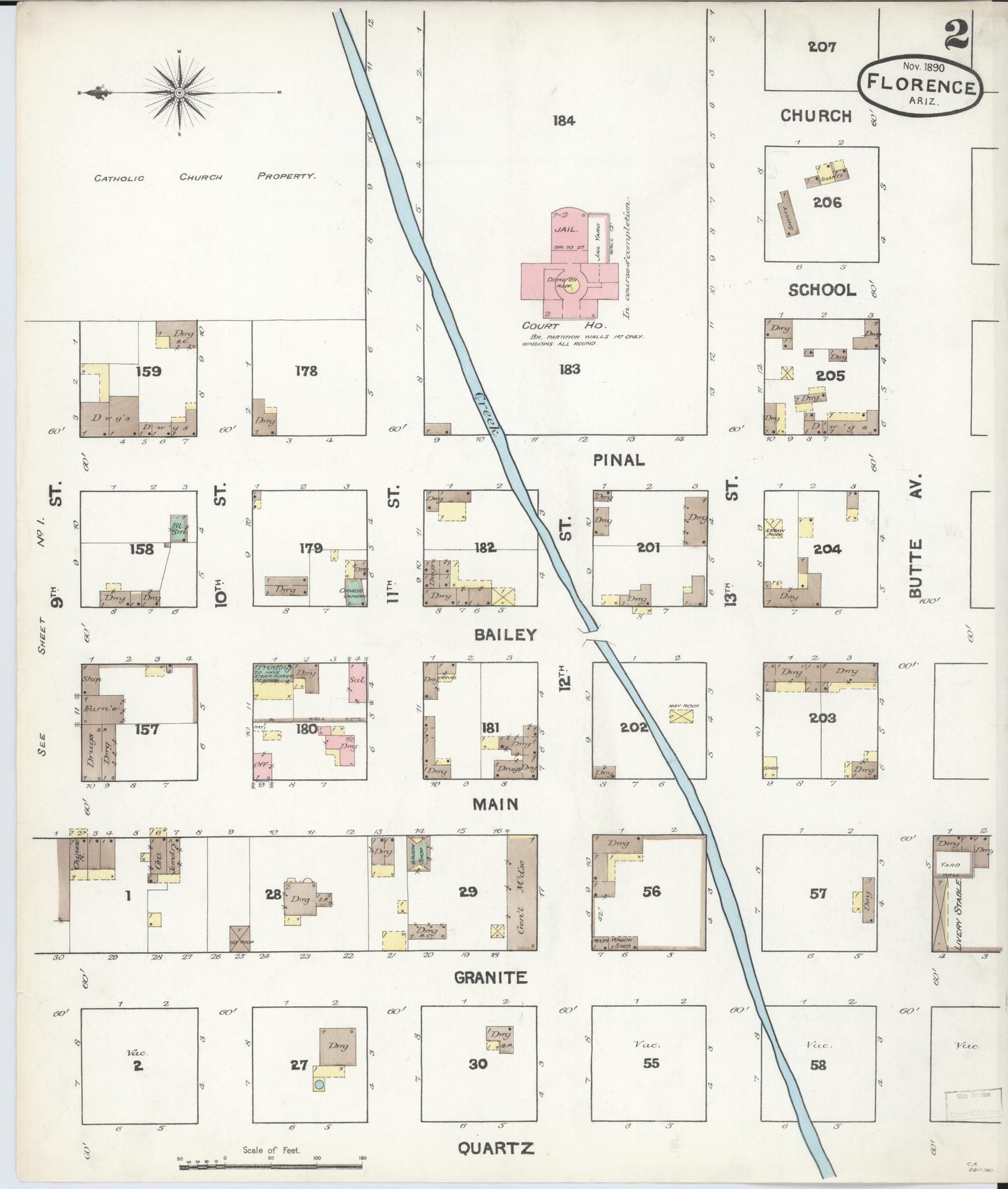 Sanborn Fire Insurance Map from Florence, Pinal County, Arizona (1890), Sheet #0002 - Historic Sanborn Fire Insurance Map Print, vintage old map wall art, antique decor, genealogy gift, Arizona Arizona map
