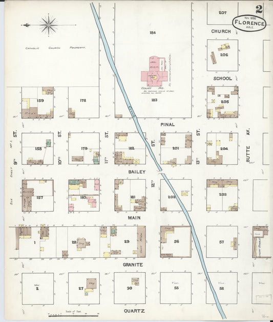 Sanborn Fire Insurance Map from Florence, Pinal County, Arizona (1890), Sheet #0002 - Historic Sanborn Fire Insurance Map Print, vintage old map wall art, antique decor, genealogy gift, Arizona Arizona map