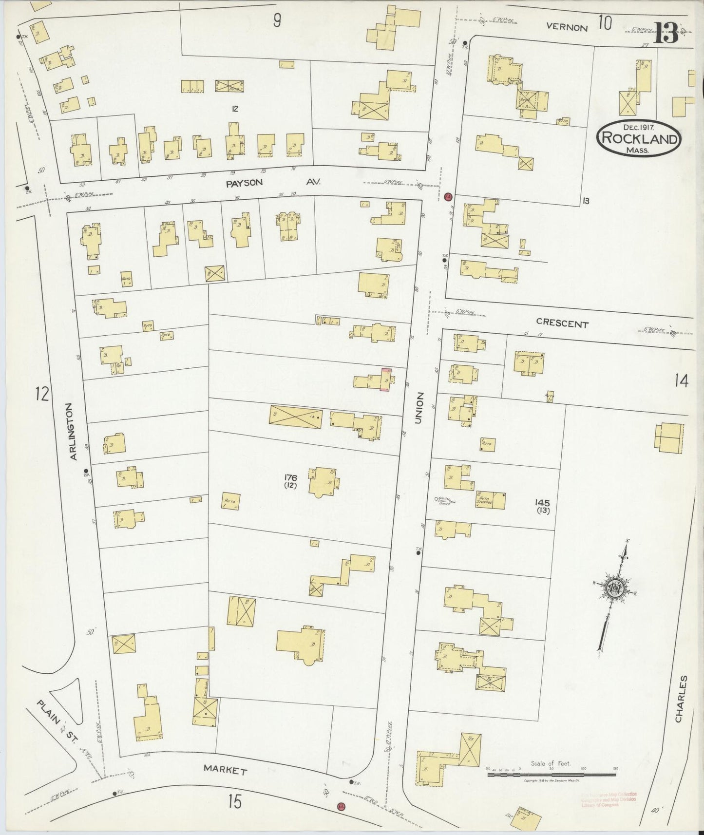 Sanborn Fire Insurance Map from Rockland, Plymouth County, Massachusetts (1917), Sheet #0013 - Complete Map Set gallery image, historic Sanborn map, vintage wall art, Massachusetts Massachusetts