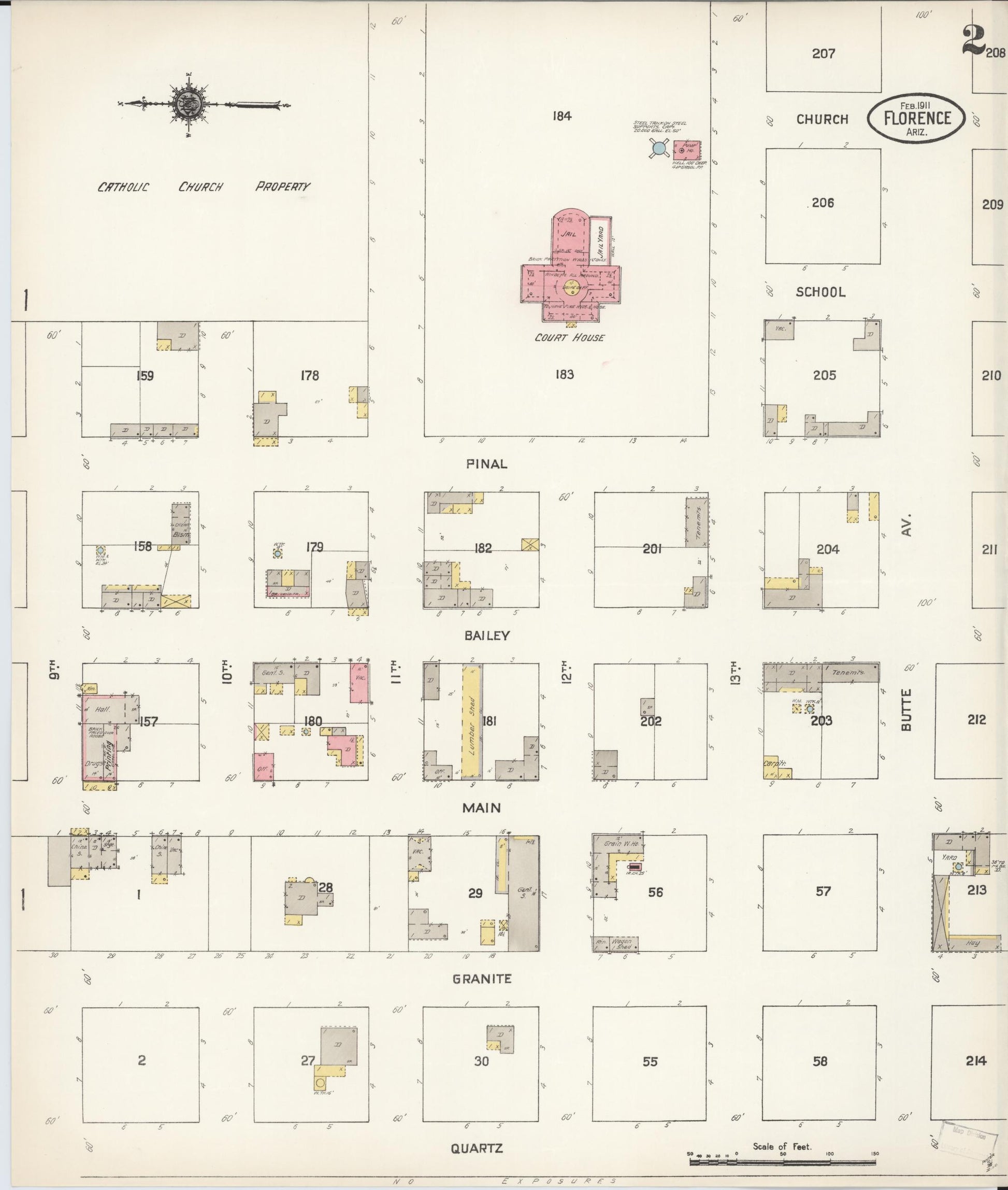 Sanborn Fire Insurance Map from Florence, Pinal County, Arizona (1911), Sheet #0002 - Historic Sanborn Fire Insurance Map Print, vintage old map wall art, antique decor, genealogy gift, Arizona Arizona map