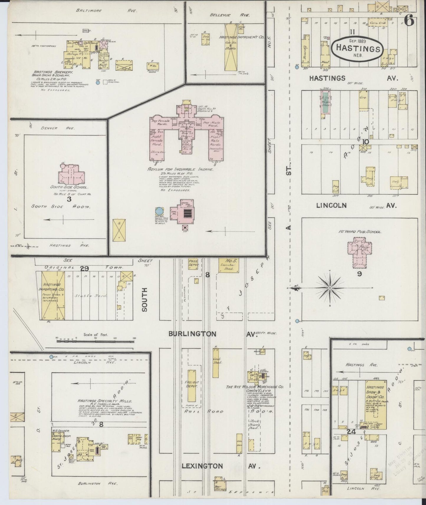 Sanborn Fire Insurance Map from Hastings, Adams County, Nebraska (1889), Sheet #0006 - Complete Map Set gallery image, historic Sanborn map, vintage wall art, Nebraska Nebraska
