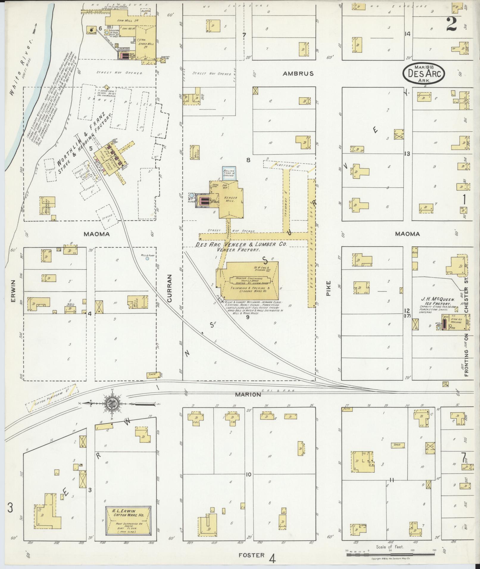 Sanborn Fire Insurance Map from Des Arc, Prarrie County, Arkansas (1918), Sheet #0002 - Complete Map Set gallery image, historic Sanborn map, vintage wall art, Arkansas Arkansas