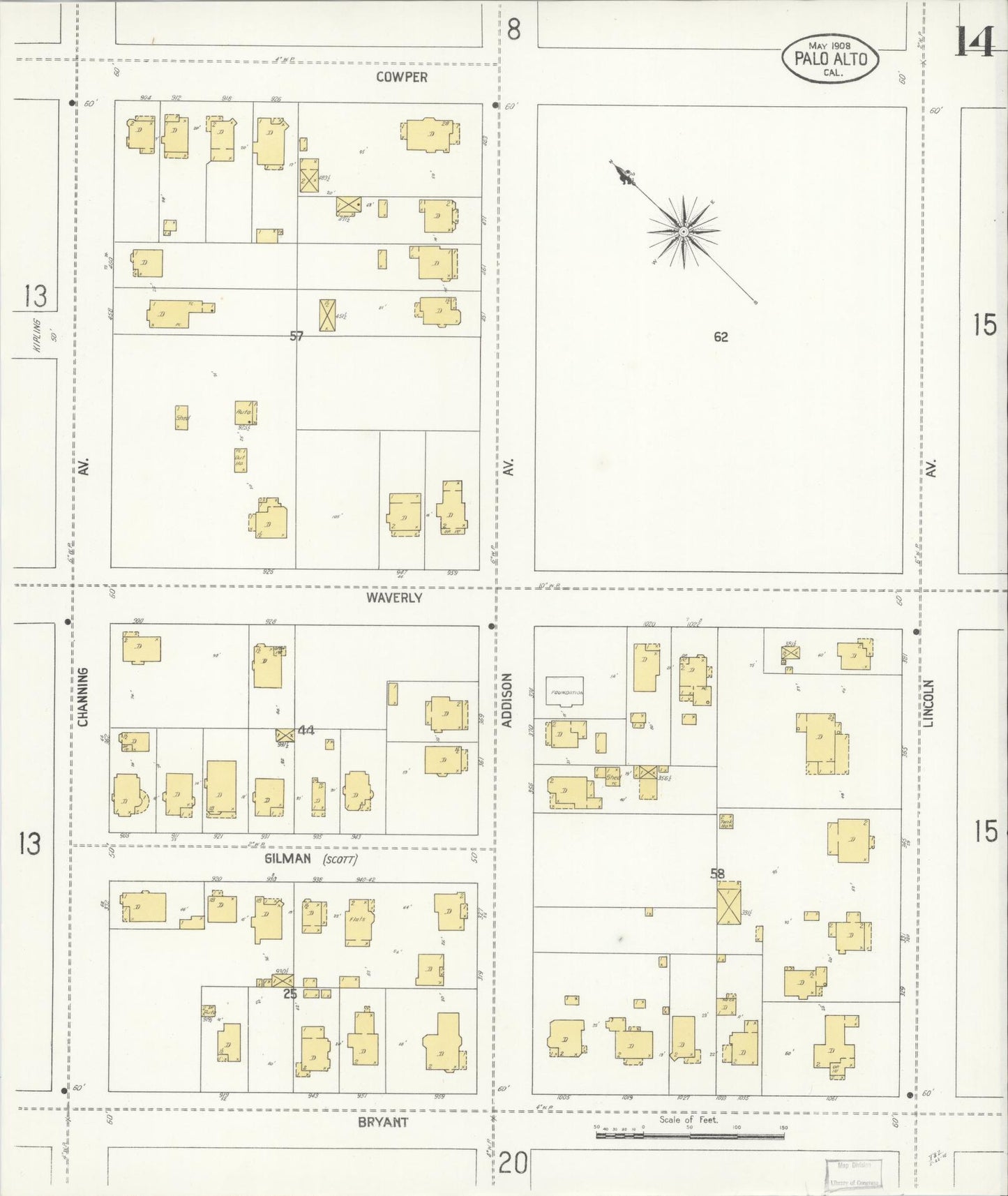 Sanborn Fire Insurance Map from Palo Alto, Santa Clara County, California (1908), Sheet #0014 - Complete Map Set gallery image, historic Sanborn map, vintage wall art, California California