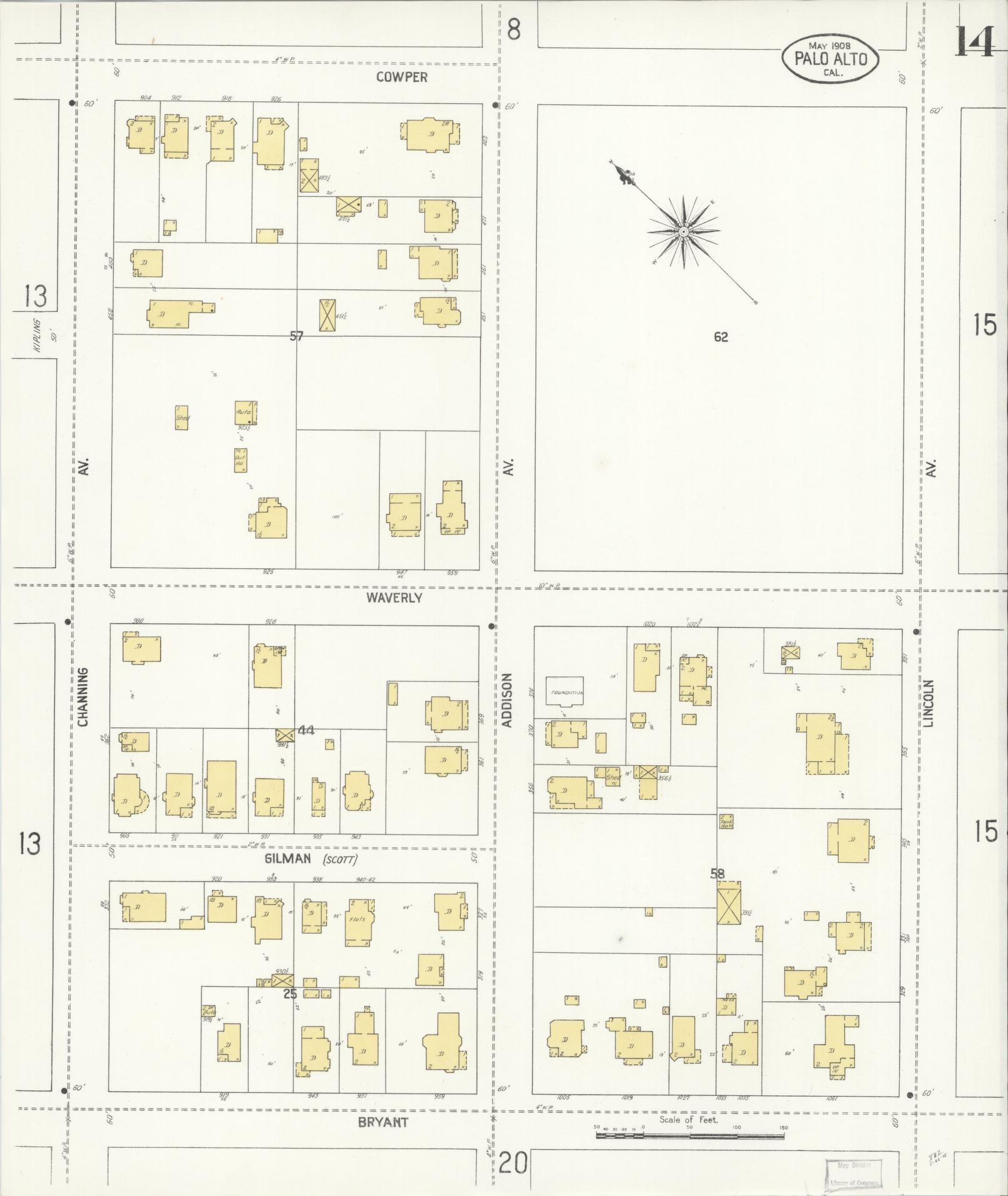 Sanborn Fire Insurance Map from Palo Alto, Santa Clara County, California (1908), Sheet #0014 - Complete Map Set gallery image, historic Sanborn map, vintage wall art, California California