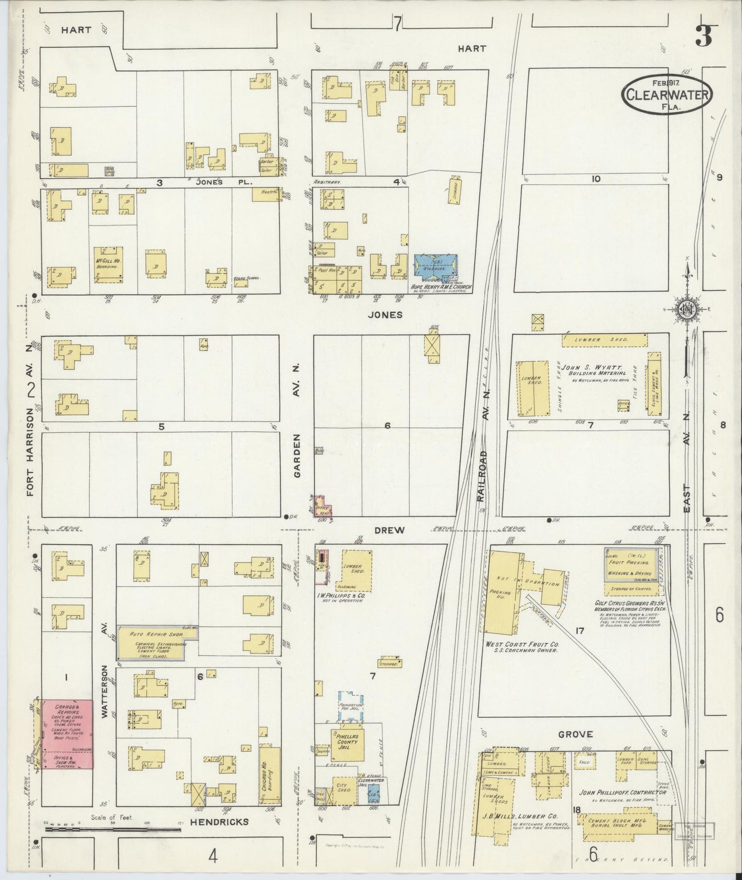 Sanborn Fire Insurance Map from Clearwater, Pinellas County, Florida (1917), Sheet #0003 - Complete Map Set gallery image, historic Sanborn map, vintage wall art, Florida Florida