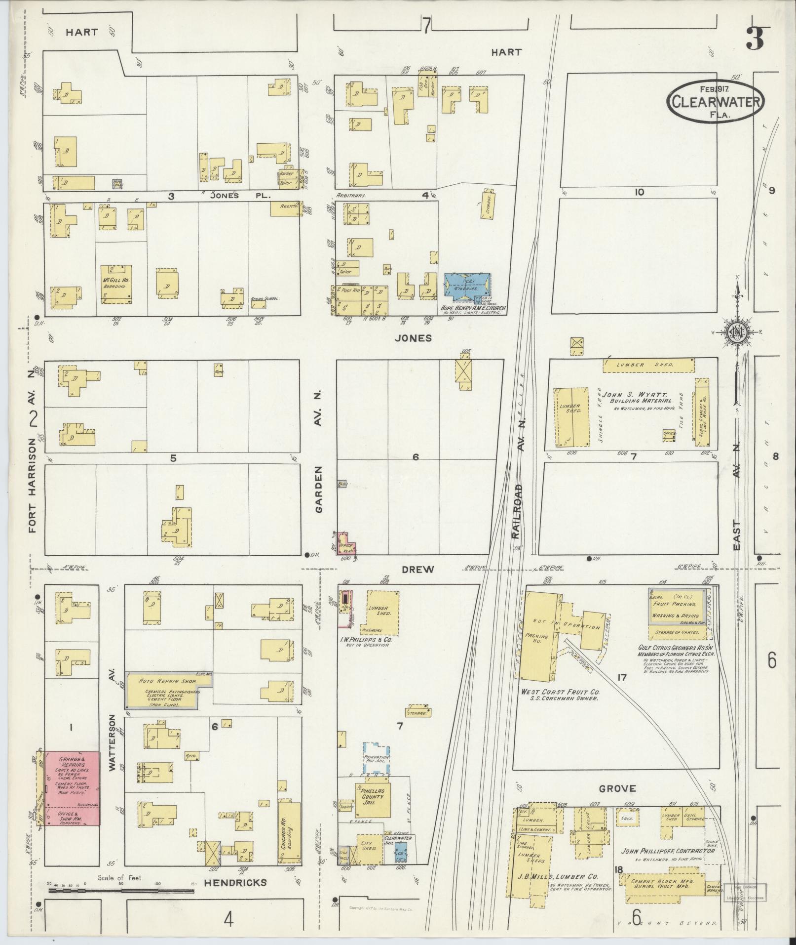 Sanborn Fire Insurance Map from Clearwater, Pinellas County, Florida (1917), Sheet #0003 - Complete Map Set gallery image, historic Sanborn map, vintage wall art, Florida Florida