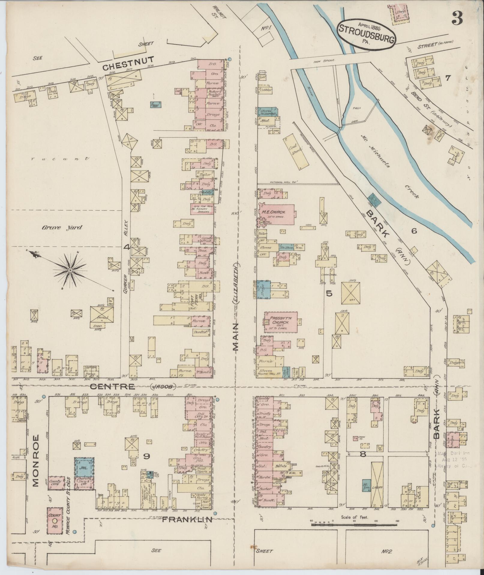Sanborn Fire Insurance Map from Stroudsburg, Monroe County, Pennsylvania (1885), Sheet #0003 - Historic Sanborn Fire Insurance Map Print, vintage old map wall art, antique decor, genealogy gift, Pennsylvania Pennsylvania map