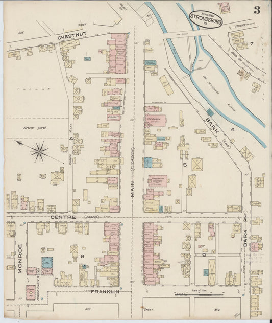 Sanborn Fire Insurance Map from Stroudsburg, Monroe County, Pennsylvania (1885), Sheet #0003 - Historic Sanborn Fire Insurance Map Print, vintage old map wall art, antique decor, genealogy gift, Pennsylvania Pennsylvania map