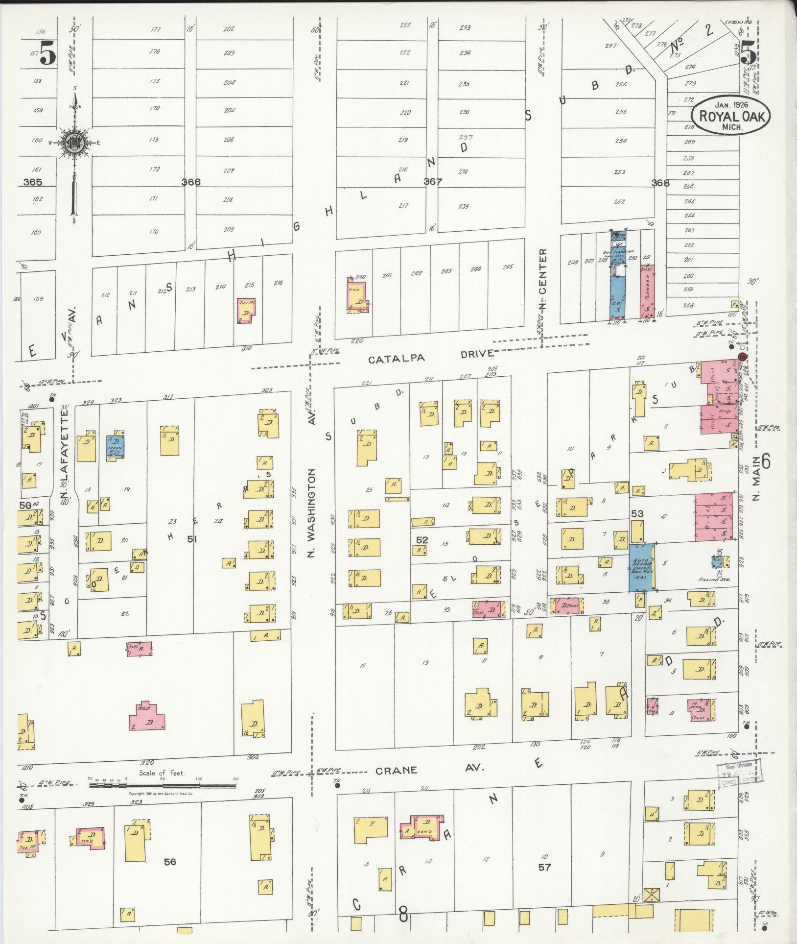 Sanborn Fire Insurance Map from Royal Oak, Oakland County, Michigan (1926), Sheet #0005 - Historic Sanborn Fire Insurance Map Print, vintage old map wall art, antique decor, genealogy gift, Michigan Michigan map