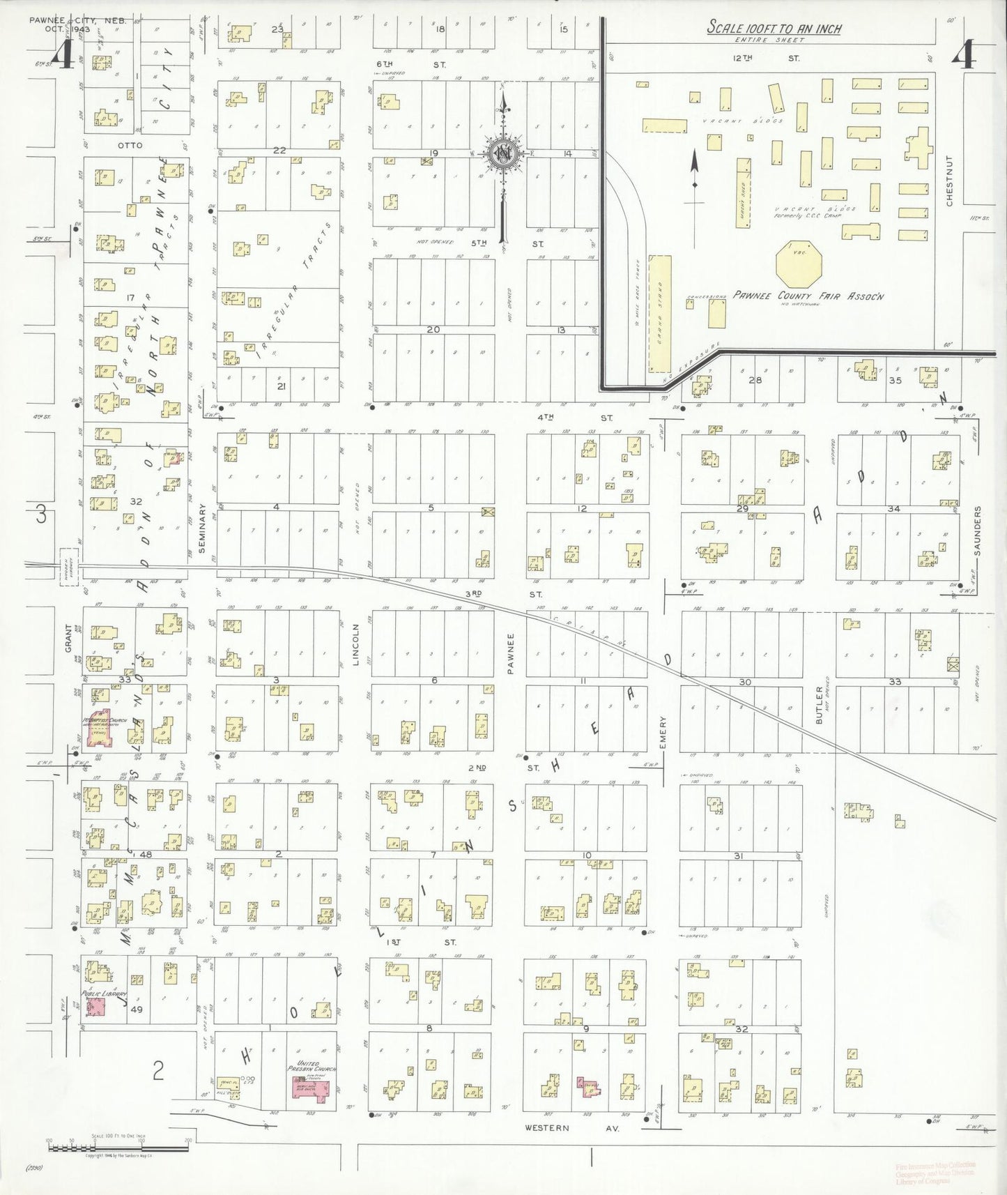 Sanborn Fire Insurance Map from Pawnee City, Pawnee County, Nebraska (1943), Sheet #0004 - Complete Map Set gallery image, historic Sanborn map, vintage wall art, Nebraska Nebraska
