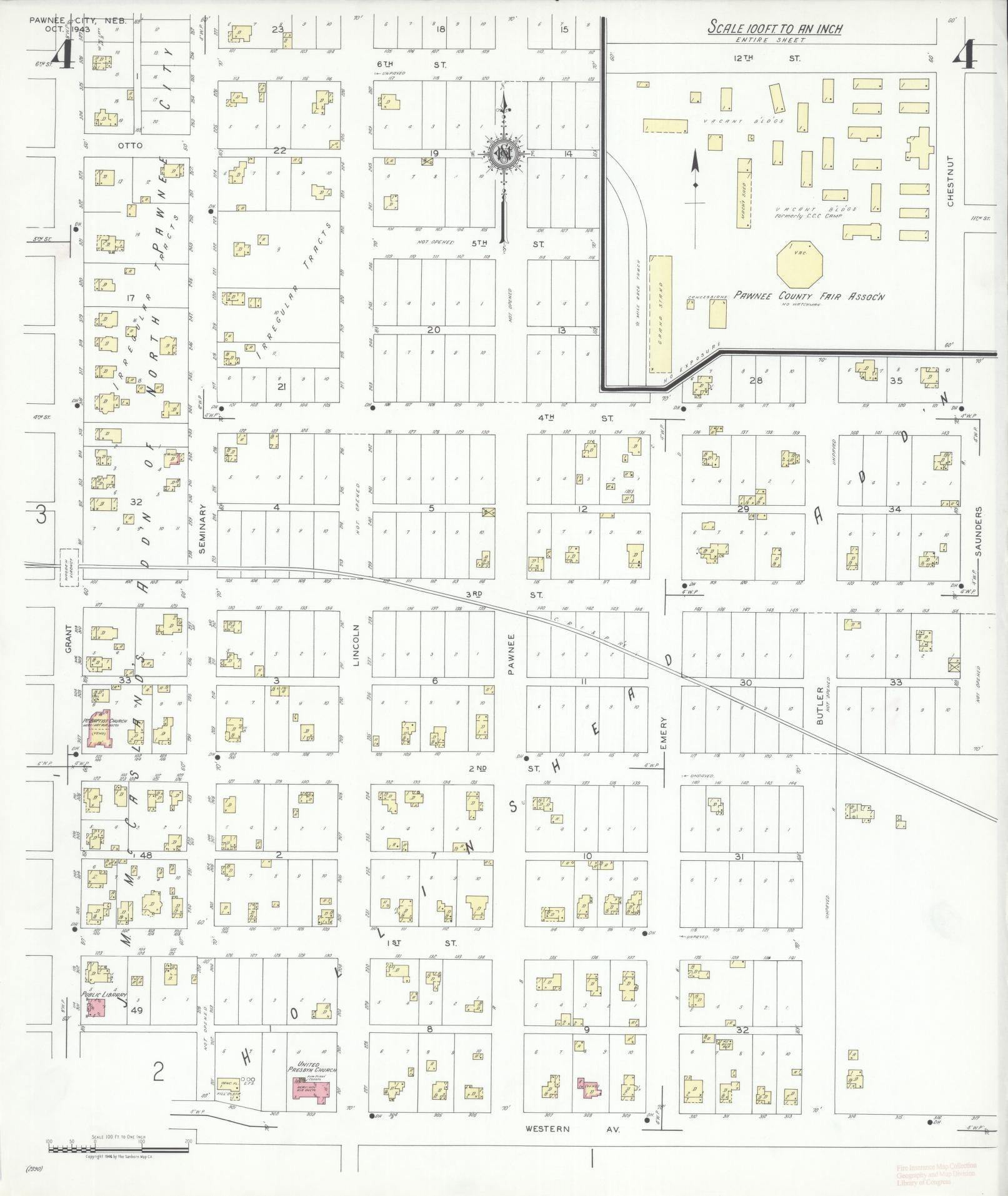 Sanborn Fire Insurance Map from Pawnee City, Pawnee County, Nebraska (1943), Sheet #0004 - Complete Map Set gallery image, historic Sanborn map, vintage wall art, Nebraska Nebraska