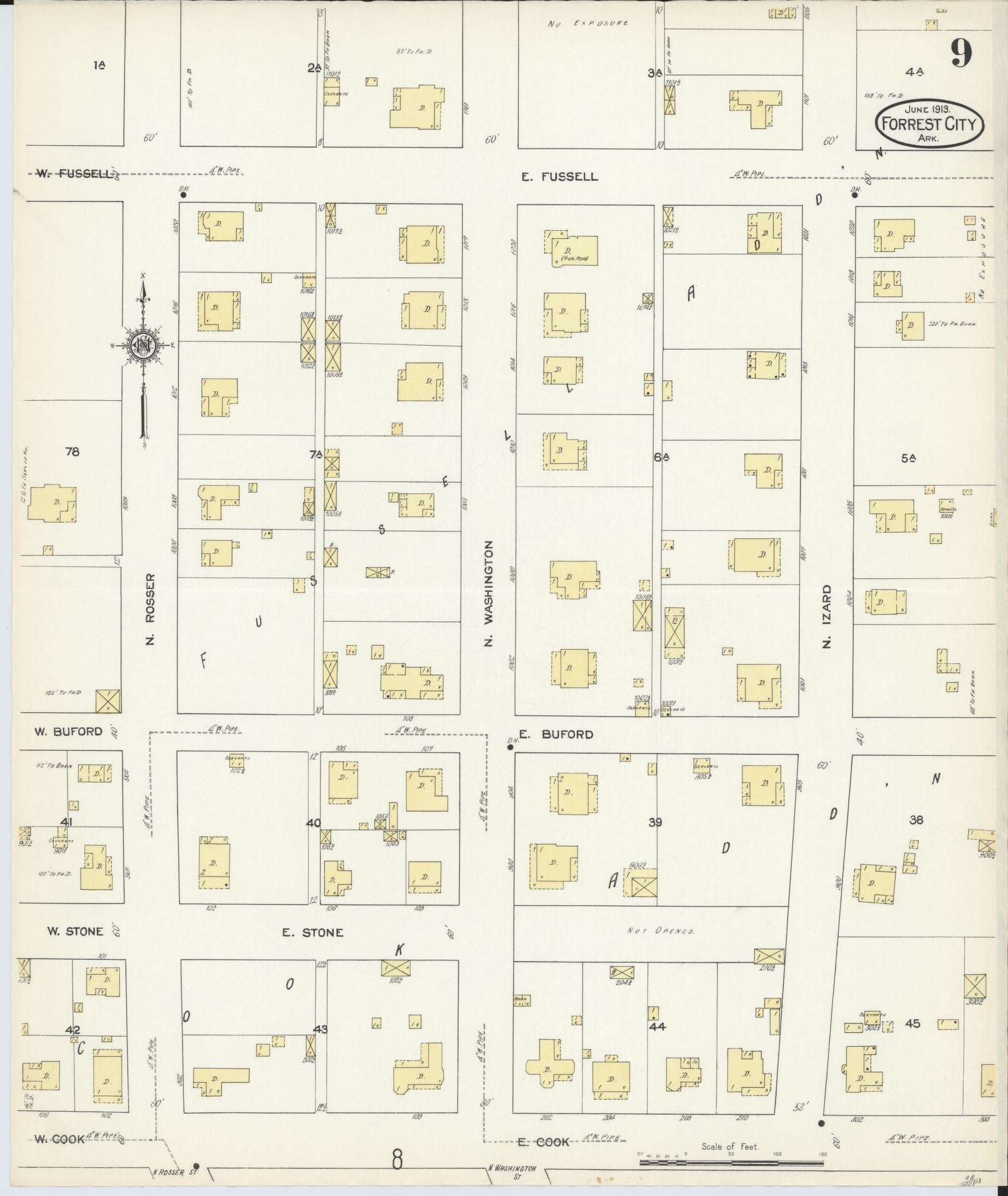 Sanborn Fire Insurance Map from Forrest City, Saint Francis County, Arkansas (1913), Sheet #0009 - Historic Sanborn Fire Insurance Map Print, vintage old map wall art, antique decor, genealogy gift, Arkansas Arkansas map