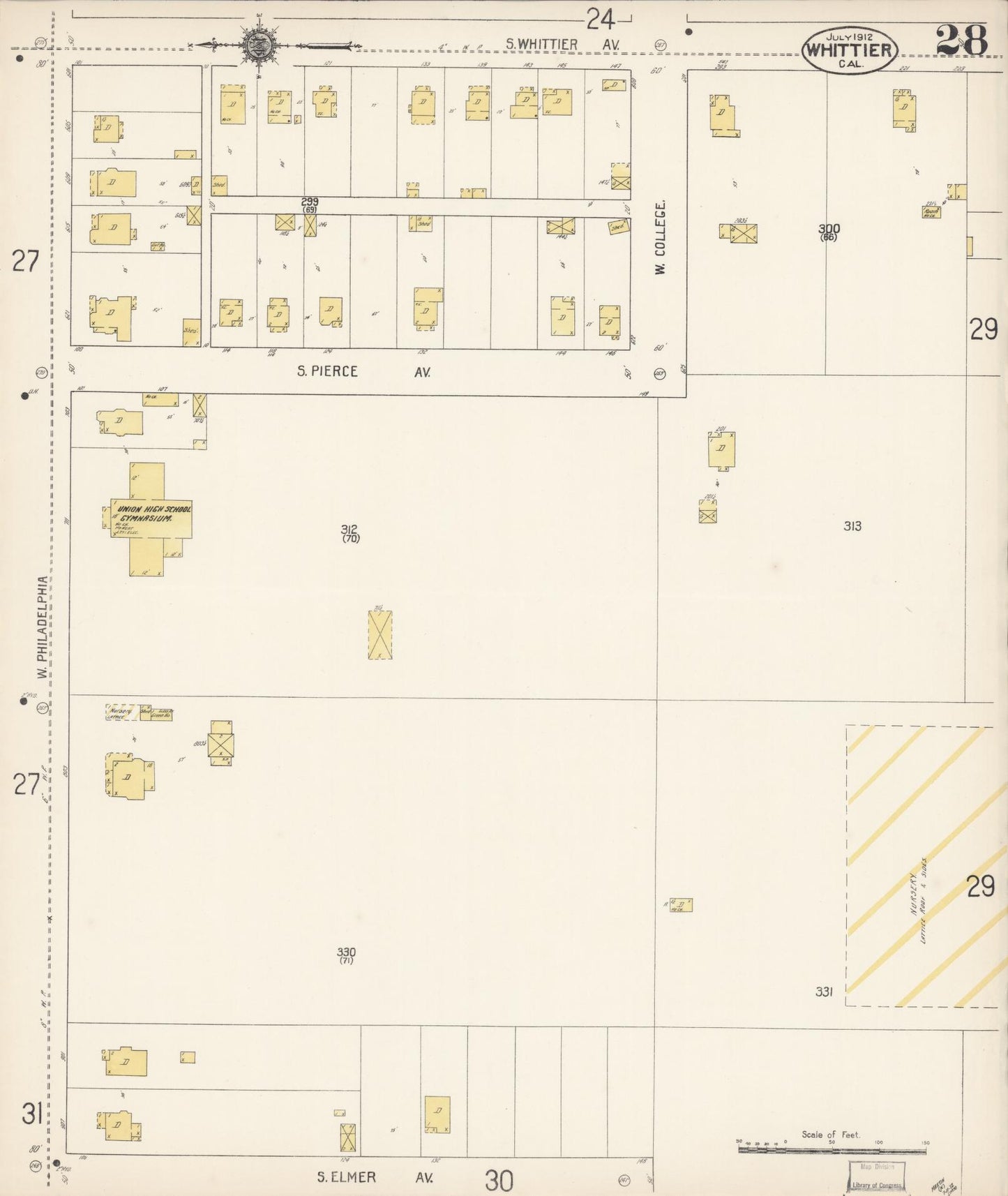 Sanborn Fire Insurance Map from Whittier, Los Angeles County, California (1912), Sheet #0028 - Complete Map Set gallery image, historic Sanborn map, vintage wall art, California California