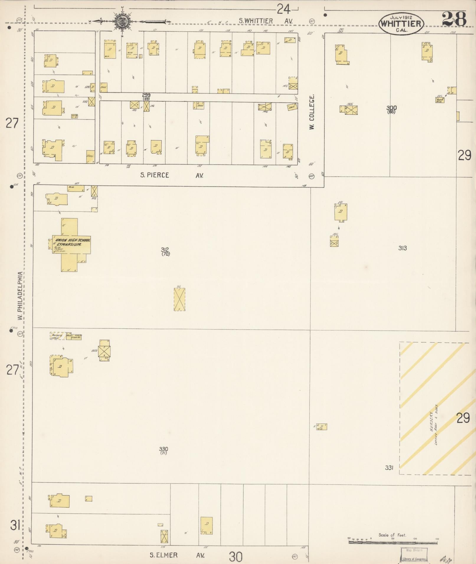 Sanborn Fire Insurance Map from Whittier, Los Angeles County, California (1912), Sheet #0028 - Complete Map Set gallery image, historic Sanborn map, vintage wall art, California California