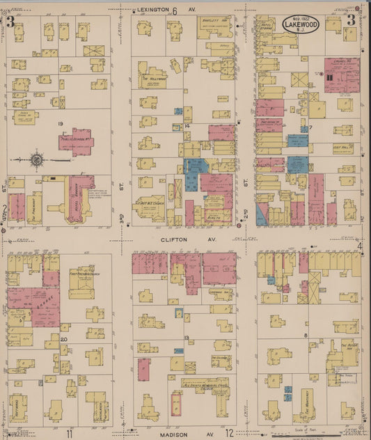 Sanborn Fire Insurance Map from Lakewood, Ocean County, New Jersey (1922), Sheet #0003 - Historic Sanborn Fire Insurance Map Print, vintage old map wall art, antique decor, genealogy gift, New Jersey New Jersey map