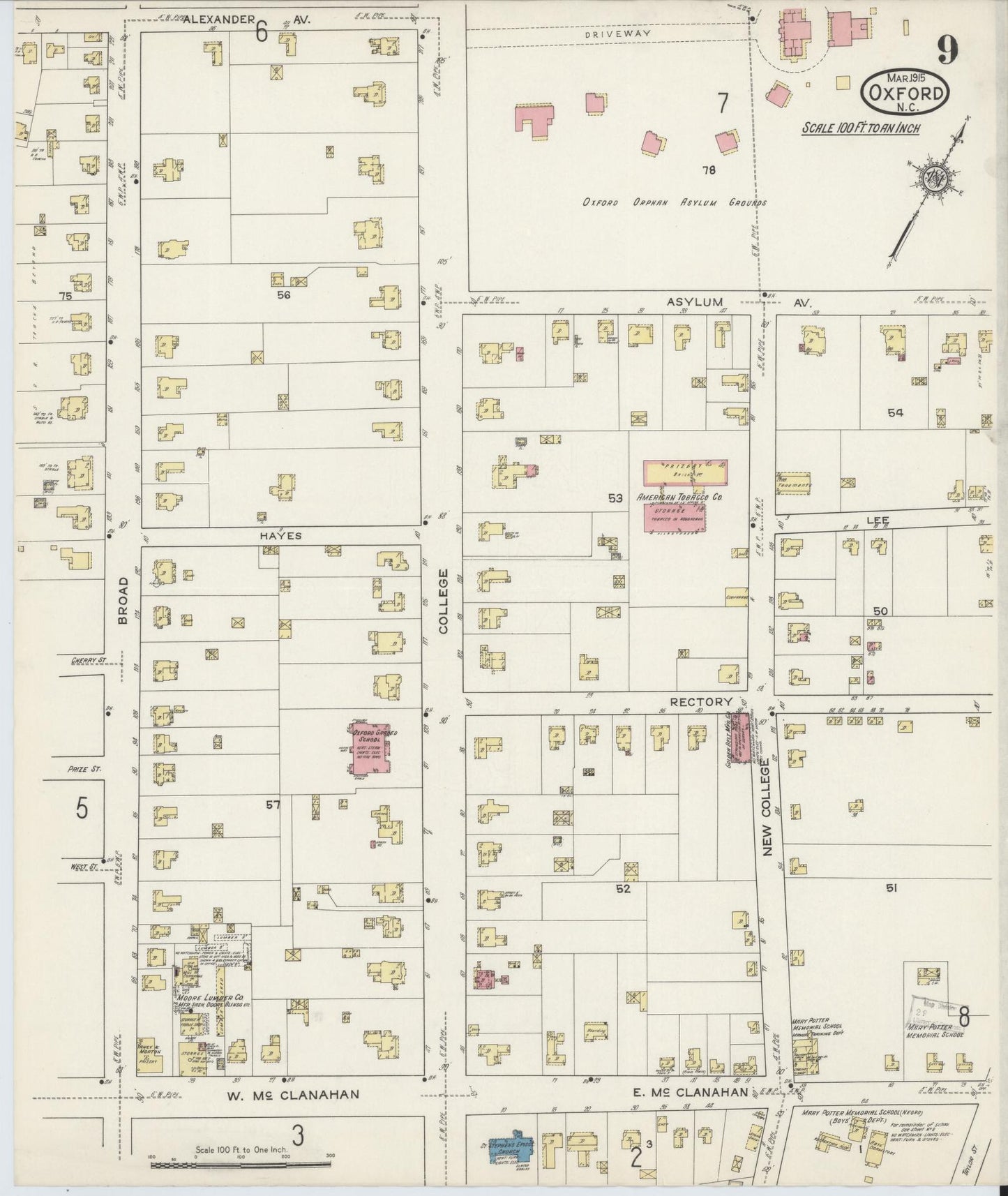 Sanborn Fire Insurance Map from Oxford, Granville County, North Carolina (1915), Sheet #0009 - Complete Map Set gallery image, historic Sanborn map, vintage wall art, North Carolina North Carolina