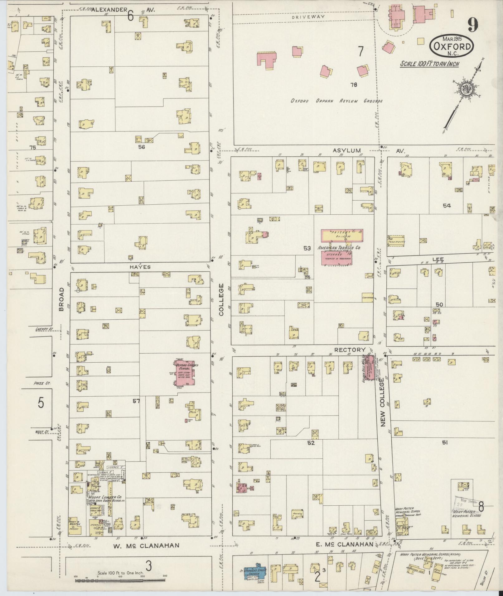 Sanborn Fire Insurance Map from Oxford, Granville County, North Carolina (1915), Sheet #0009 - Complete Map Set gallery image, historic Sanborn map, vintage wall art, North Carolina North Carolina
