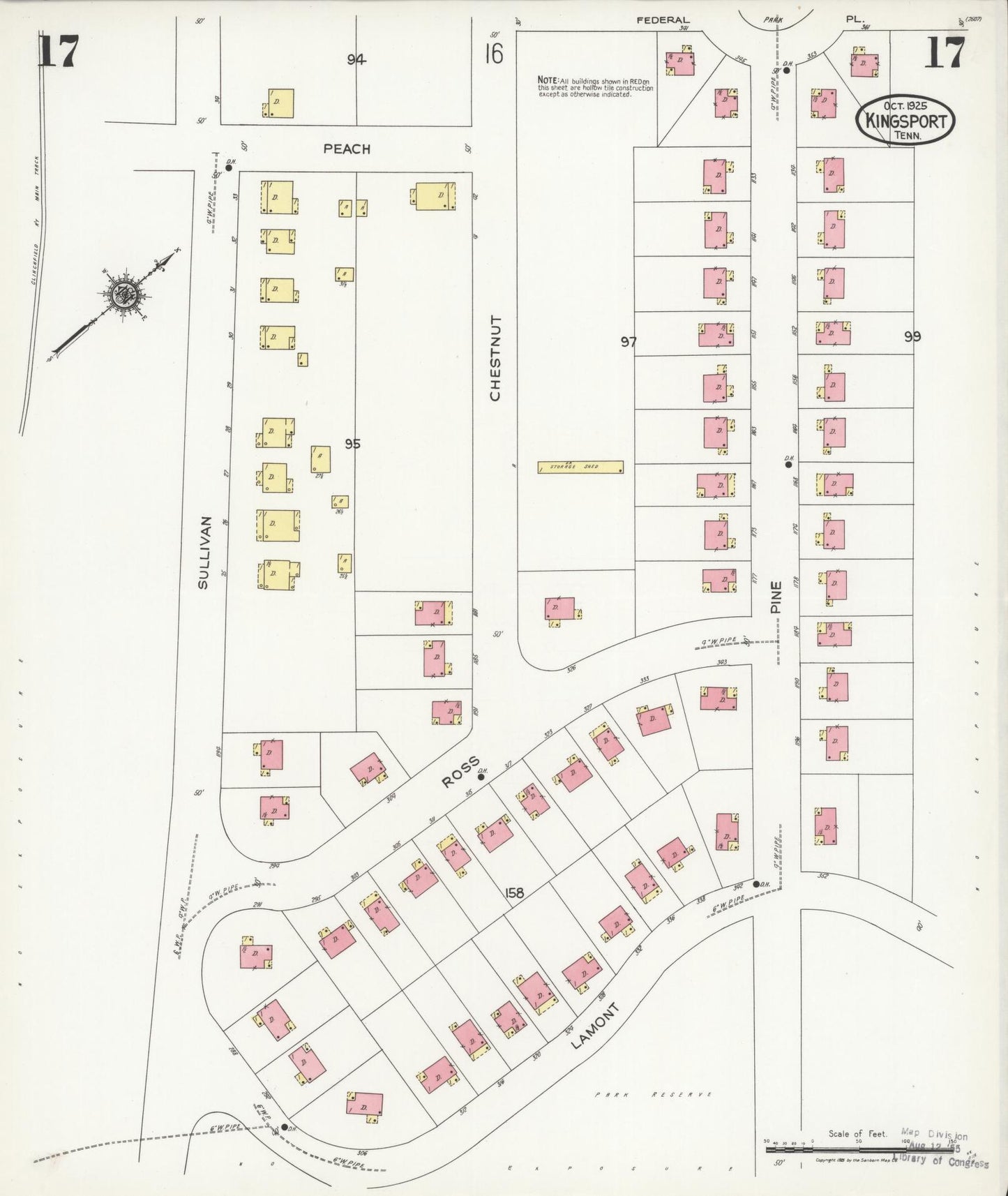 Sanborn Fire Insurance Map from Kingsport, Sullivan County, Tennessee (1925), Sheet #0017 - Complete Map Set gallery image, historic Sanborn map, vintage wall art, Tennessee Tennessee