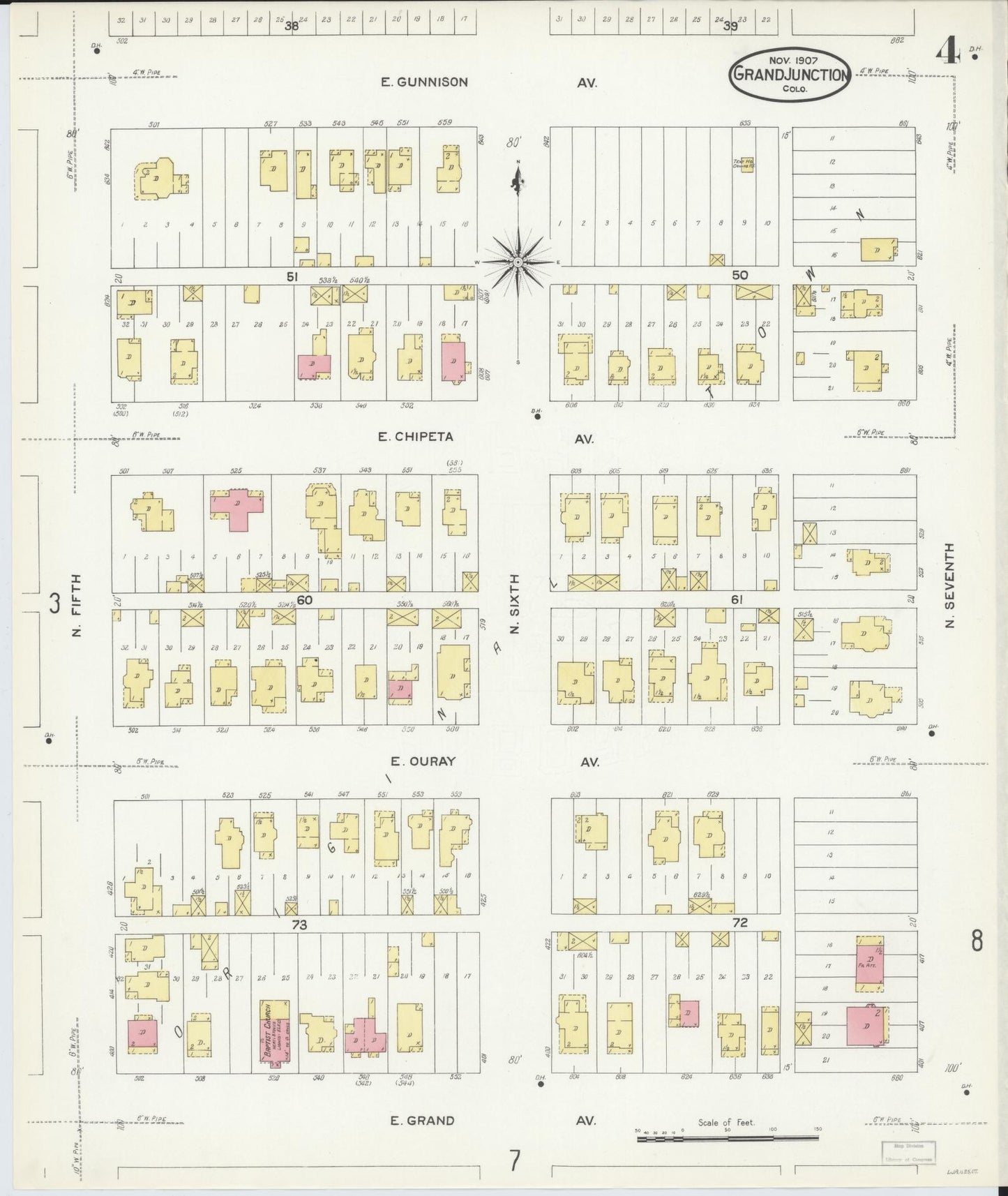 Sanborn Fire Insurance Map from Grand Junction, Mesa County, Colorado (1907), Sheet #0004 - Historic Sanborn Fire Insurance Map Print, vintage old map wall art, antique decor, genealogy gift, Colorado Colorado map