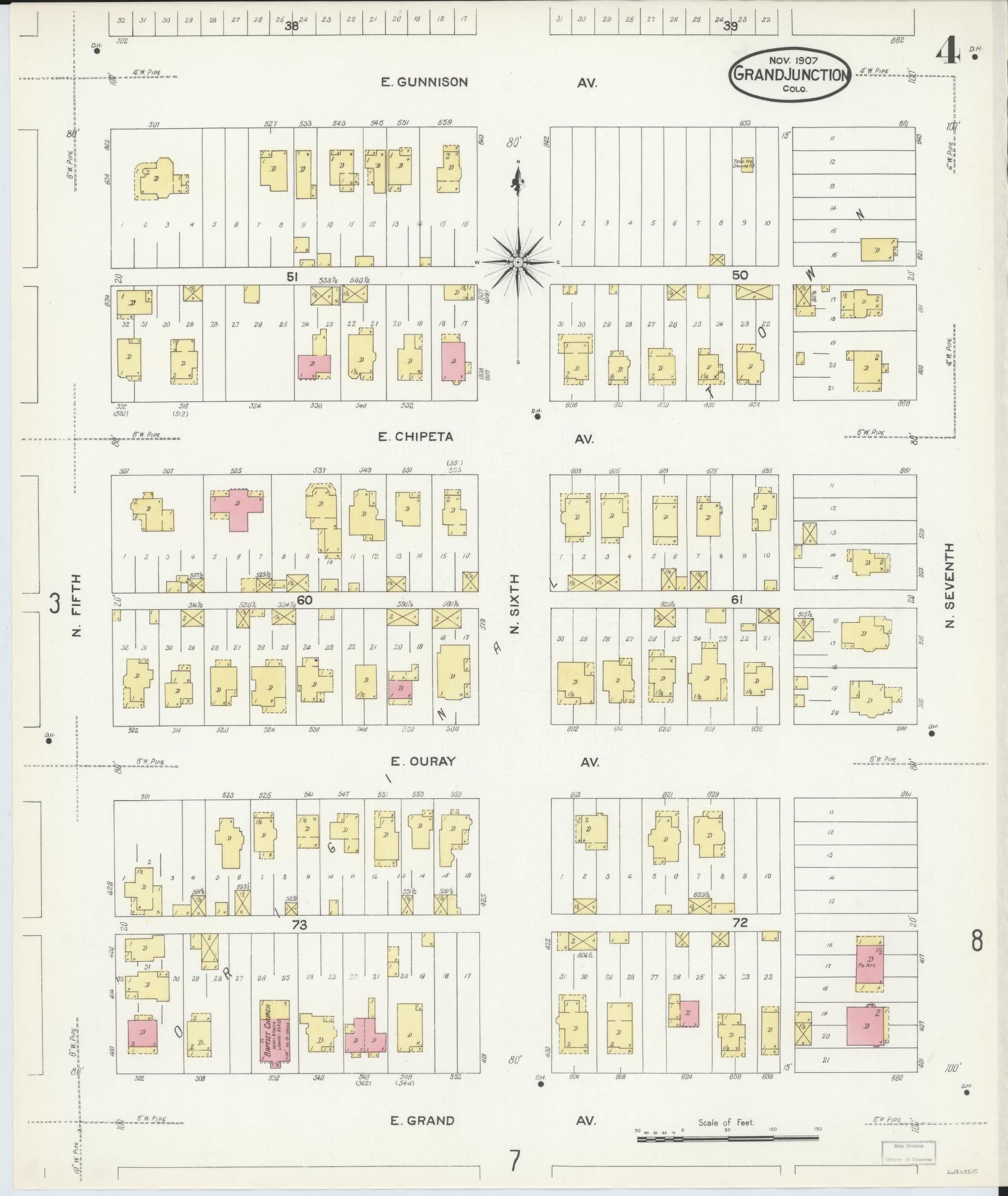 Sanborn Fire Insurance Map from Grand Junction, Mesa County, Colorado (1907), Sheet #0004 - Historic Sanborn Fire Insurance Map Print, vintage old map wall art, antique decor, genealogy gift, Colorado Colorado map