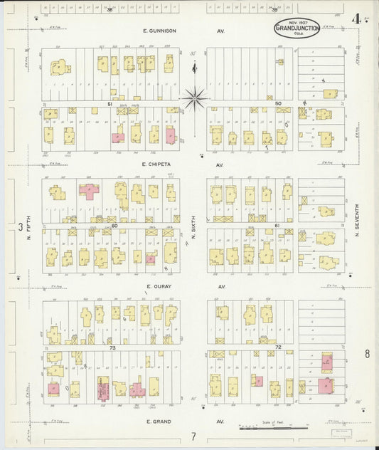 Sanborn Fire Insurance Map from Grand Junction, Mesa County, Colorado (1907), Sheet #0004 - Historic Sanborn Fire Insurance Map Print, vintage old map wall art, antique decor, genealogy gift, Colorado Colorado map