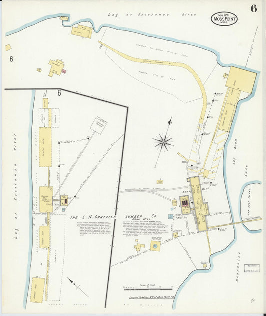 Sanborn Fire Insurance Map from Moss Point, Jackson County, Mississippi (1909), Sheet #0006 - Historic Sanborn Fire Insurance Map Print, vintage old map wall art, antique decor, genealogy gift, Mississippi Mississippi map
