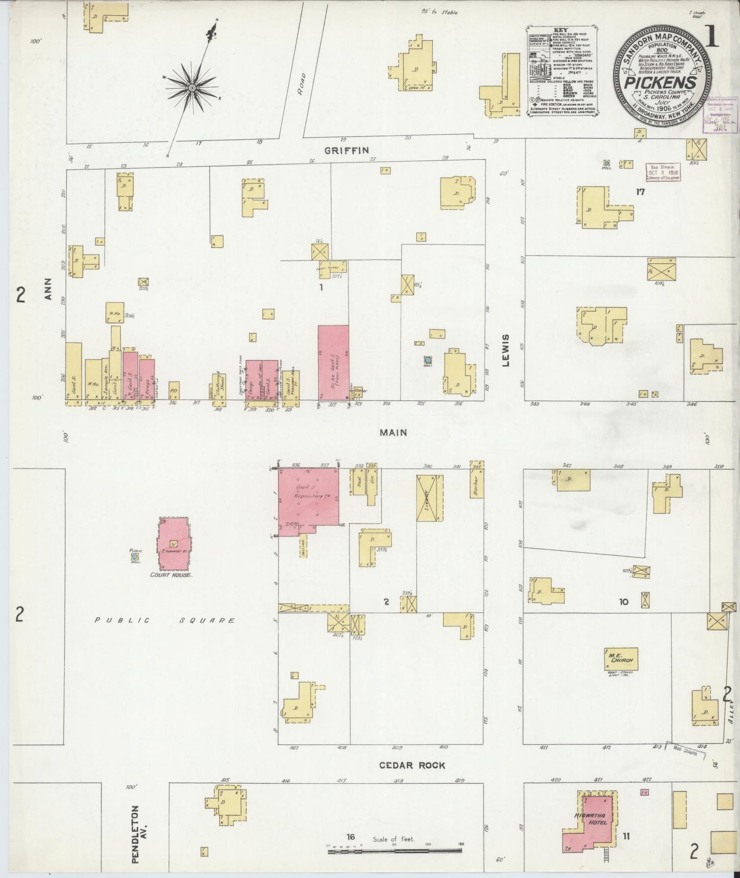 Sanborn Fire Insurance Map from Pickens, Pickens County, South Carolina (1906), Sheet #0001 - Complete Map Set gallery image, historic Sanborn map, vintage wall art, South Carolina South Carolina