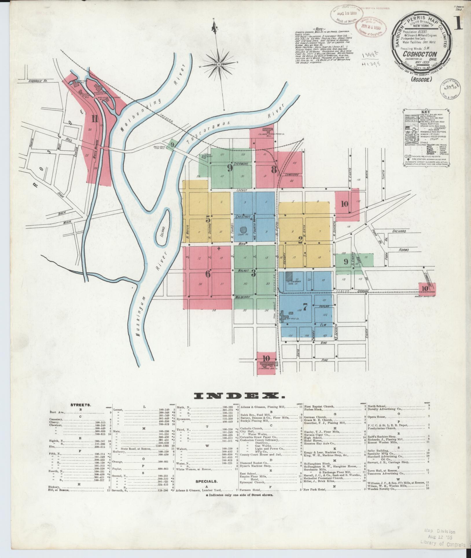 Sanborn Fire Insurance Map from Coshocton, Coshocton County, Ohio (1899), Sheet #0001 - Historic Sanborn Fire Insurance Map Print, vintage old map wall art, antique decor, genealogy gift, Ohio Ohio map