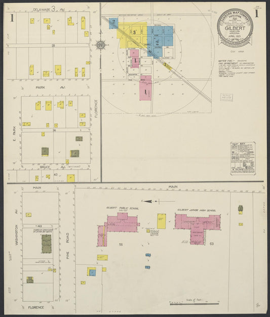 Sanborn Fire Insurance Map from Gilbert, Maricopa County, Arizona (1923), Sheet #0001 - Complete Map Set gallery image, historic Sanborn map, vintage wall art, Arizona Arizona
