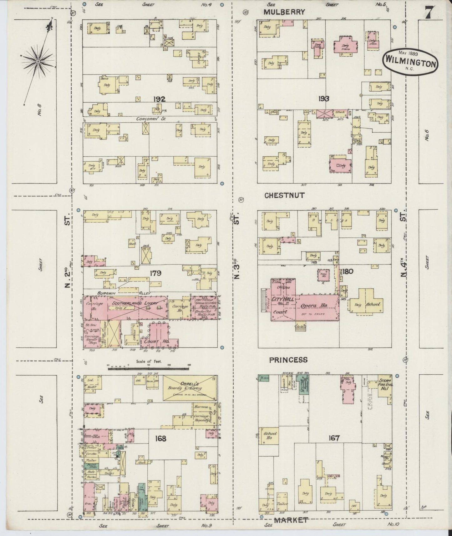 Sanborn Fire Insurance Map from Wilmington, New Hanover County, North Carolina (1889), Sheet #0007 - Complete Map Set gallery image, historic Sanborn map, vintage wall art, North Carolina North Carolina
