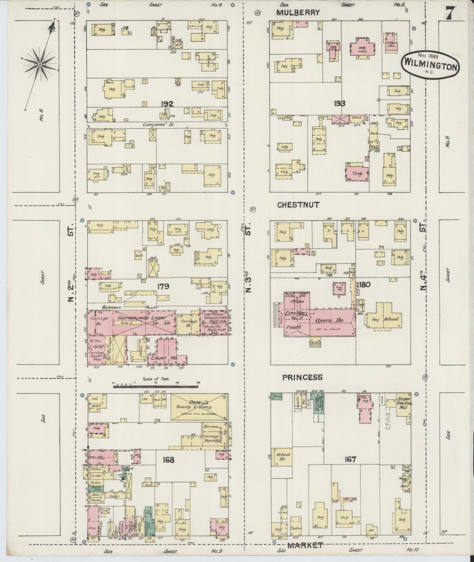 Sanborn Fire Insurance Map from Wilmington, New Hanover County, North Carolina (1889), Sheet #0007 - Complete Map Set gallery image, historic Sanborn map, vintage wall art, North Carolina North Carolina