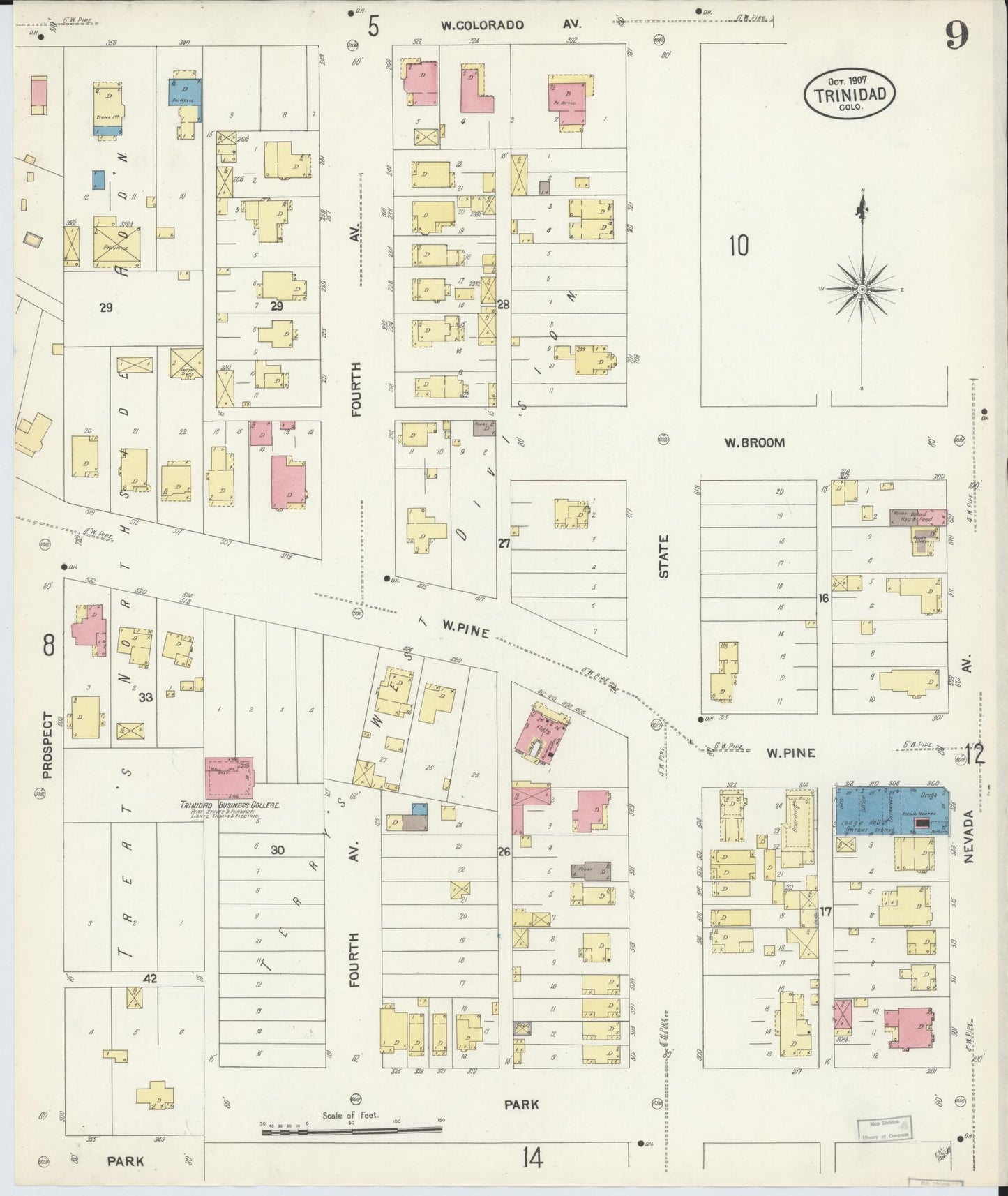 Sanborn Fire Insurance Map from Trinidad, Las Animas County, Colorado (1907), Sheet #0009 - Historic Sanborn Fire Insurance Map Print, vintage old map wall art, antique decor, genealogy gift, Colorado Colorado map