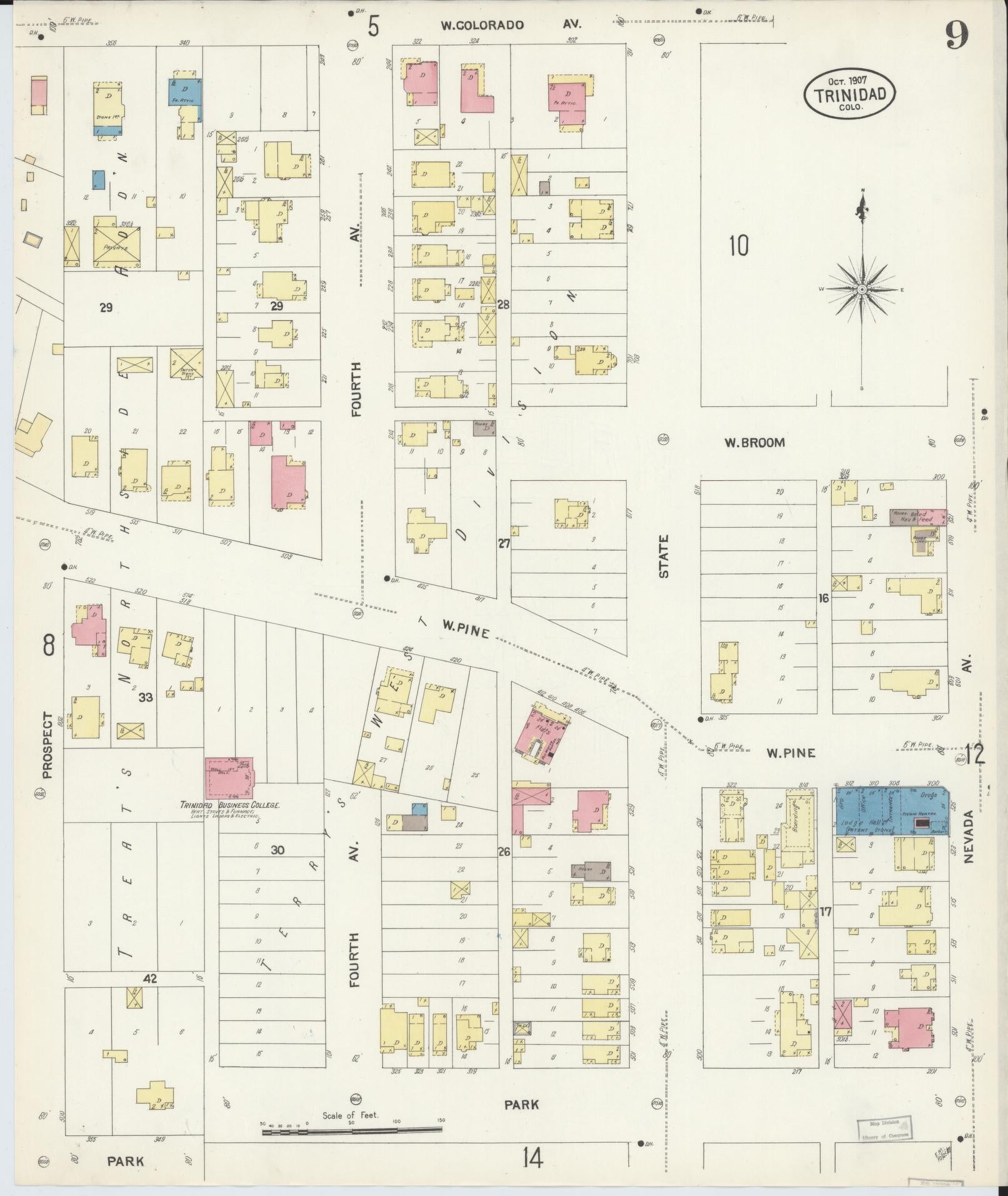 Sanborn Fire Insurance Map from Trinidad, Las Animas County, Colorado (1907), Sheet #0009 - Historic Sanborn Fire Insurance Map Print, vintage old map wall art, antique decor, genealogy gift, Colorado Colorado map