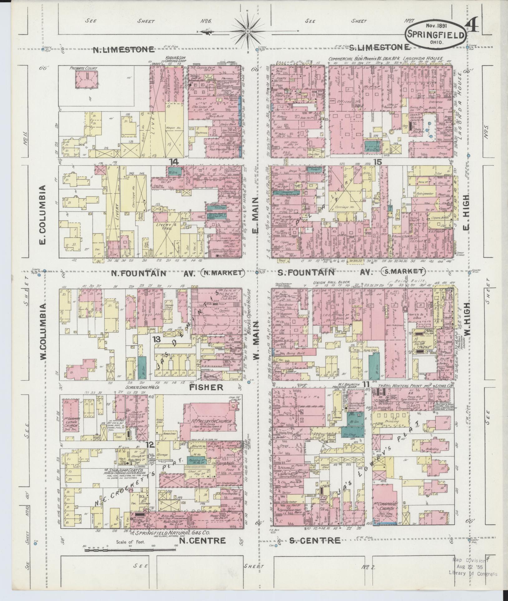 Sanborn Fire Insurance Map from Springfield, Clark County, Ohio (1891), Sheet #0004 - Complete Map Set gallery image, historic Sanborn map, vintage wall art, Ohio Ohio
