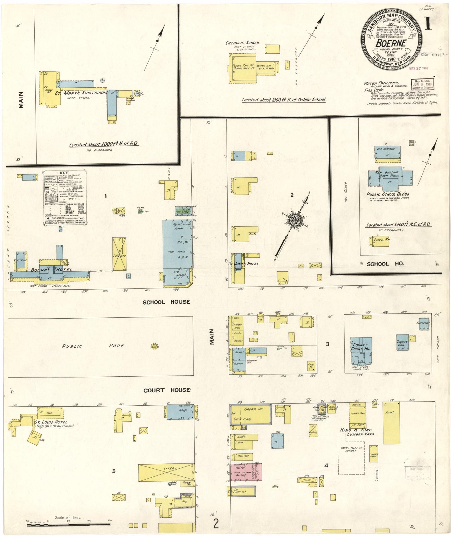 Sanborn Fire Insurance Map from Boerne, Kendall County, Texas (1910), Sheet #0001 - Historic Sanborn Fire Insurance Map Print, vintage old map wall art, antique decor, genealogy gift, Texas Texas map