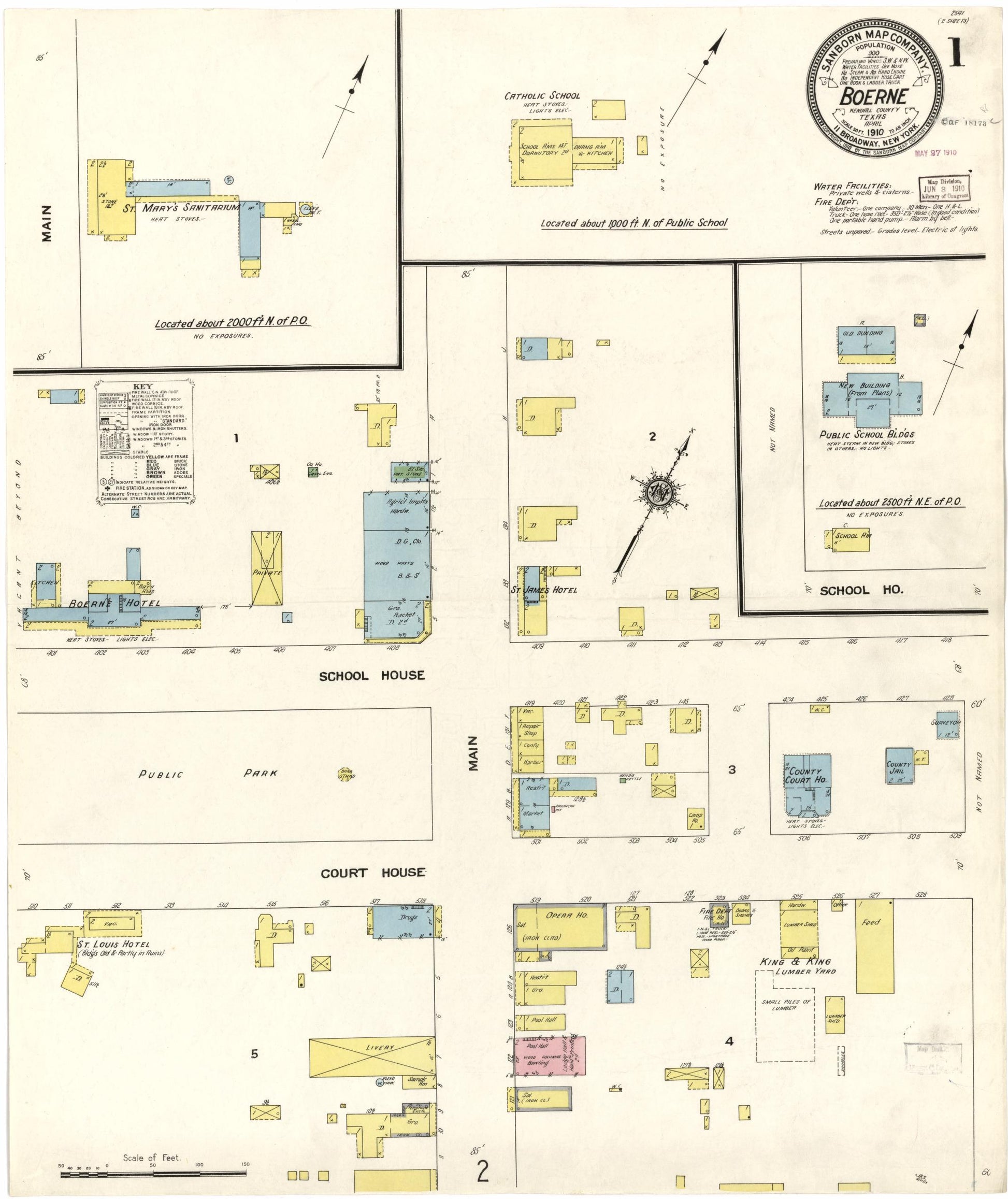 Sanborn Fire Insurance Map from Boerne, Kendall County, Texas (1910), Sheet #0001 - Historic Sanborn Fire Insurance Map Print, vintage old map wall art, antique decor, genealogy gift, Texas Texas map