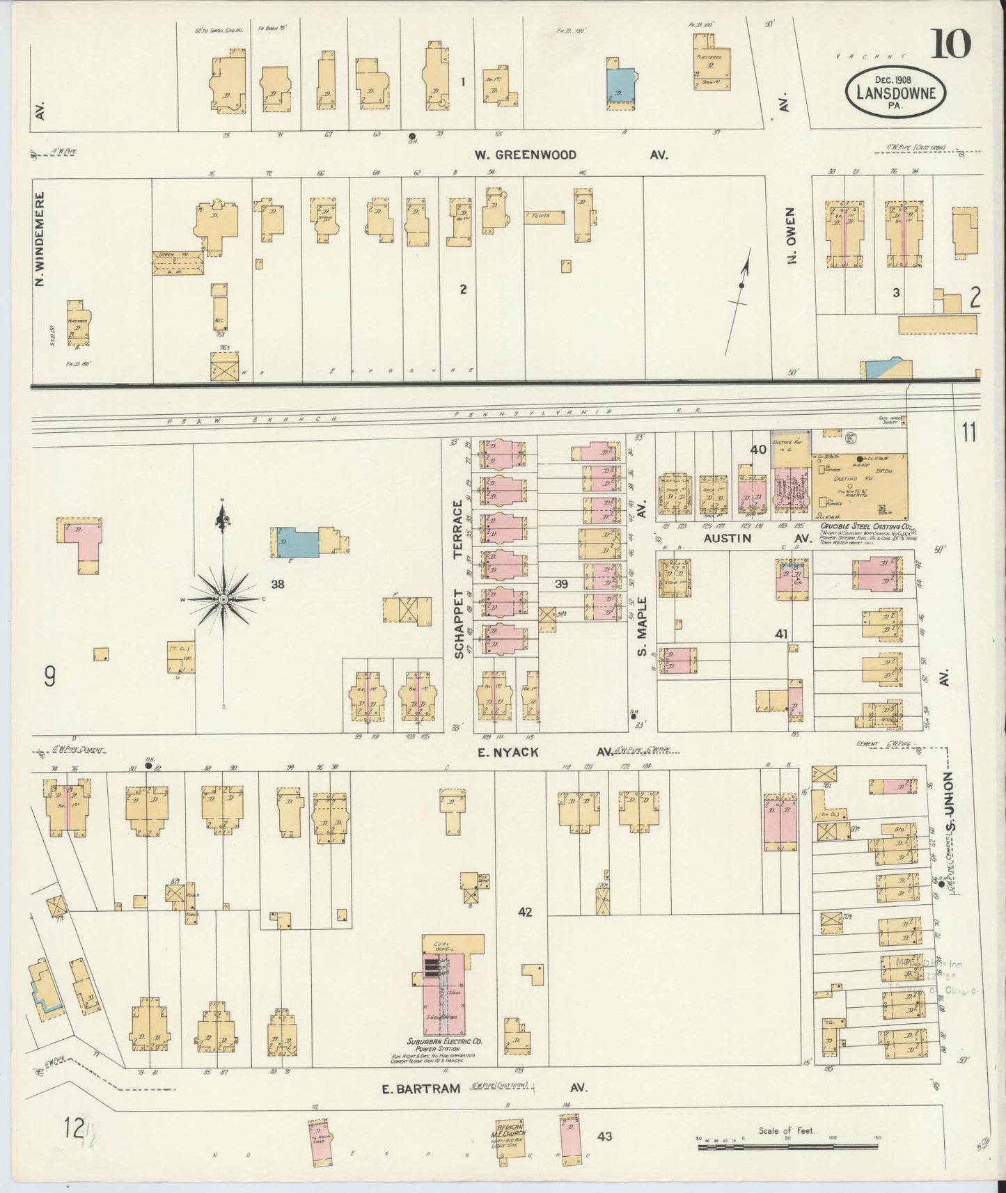Sanborn Fire Insurance Map from Lansdowne, Delaware County, Pennsylvania (1908), Sheet #0010 - Historic Sanborn Fire Insurance Map Print, vintage old map wall art, antique decor, genealogy gift, Pennsylvania Pennsylvania map