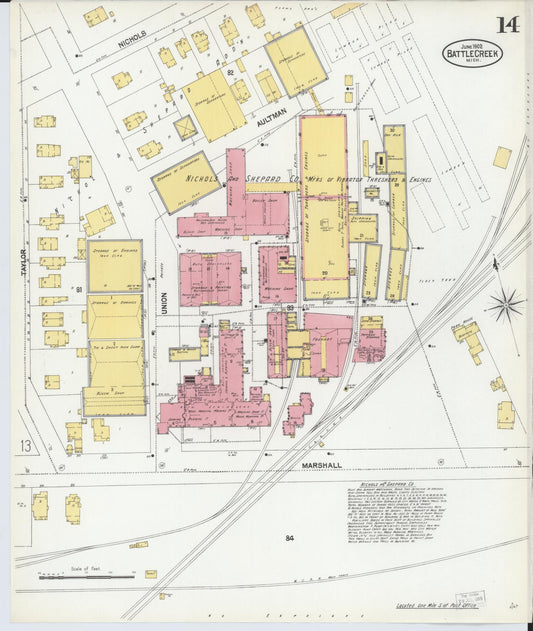 Sanborn Fire Insurance Map from Battle Creek, Calhoun County, Michigan (1902), Sheet #0014 - Historic Sanborn Fire Insurance Map Print, vintage old map wall art, antique decor, genealogy gift, Michigan Michigan map
