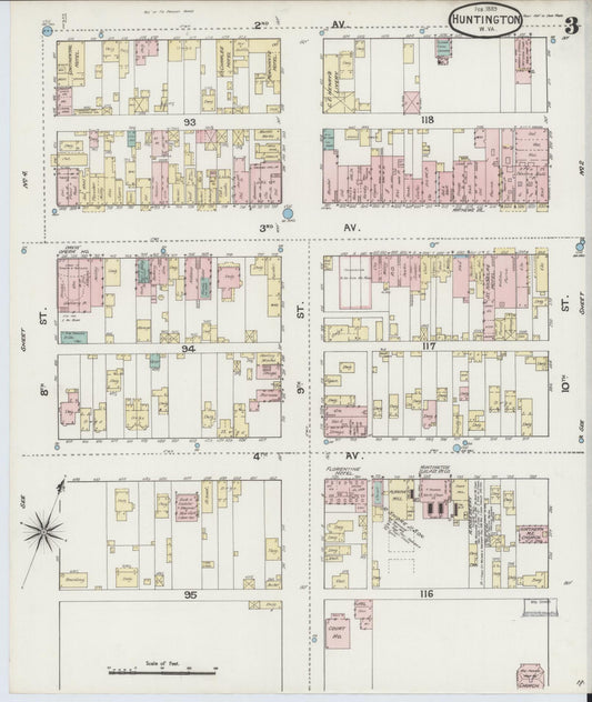 Sanborn Fire Insurance Map from Huntington, Cabell County, West Virginia (1889), Sheet #0003 - Historic Sanborn Fire Insurance Map Print, vintage old map wall art, antique decor, genealogy gift, West Virginia West Virginia map