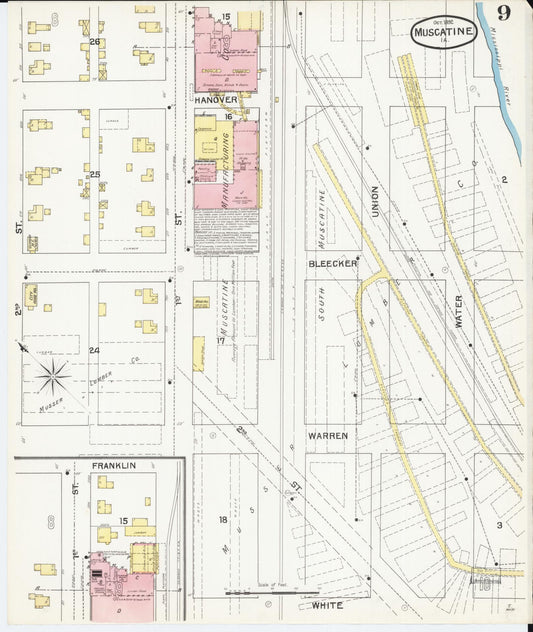 Sanborn Fire Insurance Map from Muscatine, Musactine County, Iowa (1892), Sheet #0009 - Historic Sanborn Fire Insurance Map Print, vintage old map wall art