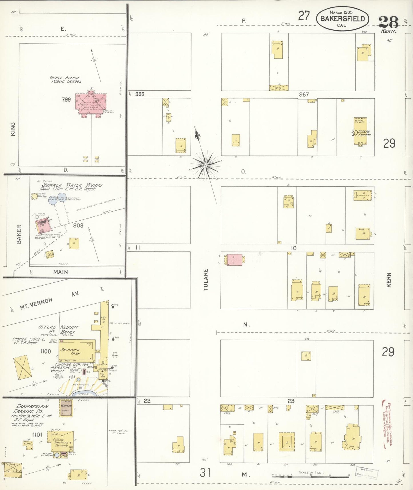 Sanborn Fire Insurance Map from Bakersfield, Kern County, California (1905), Sheet #0028 - Historic Sanborn Fire Insurance Map Print, vintage old map wall art, antique decor, genealogy gift, California California map