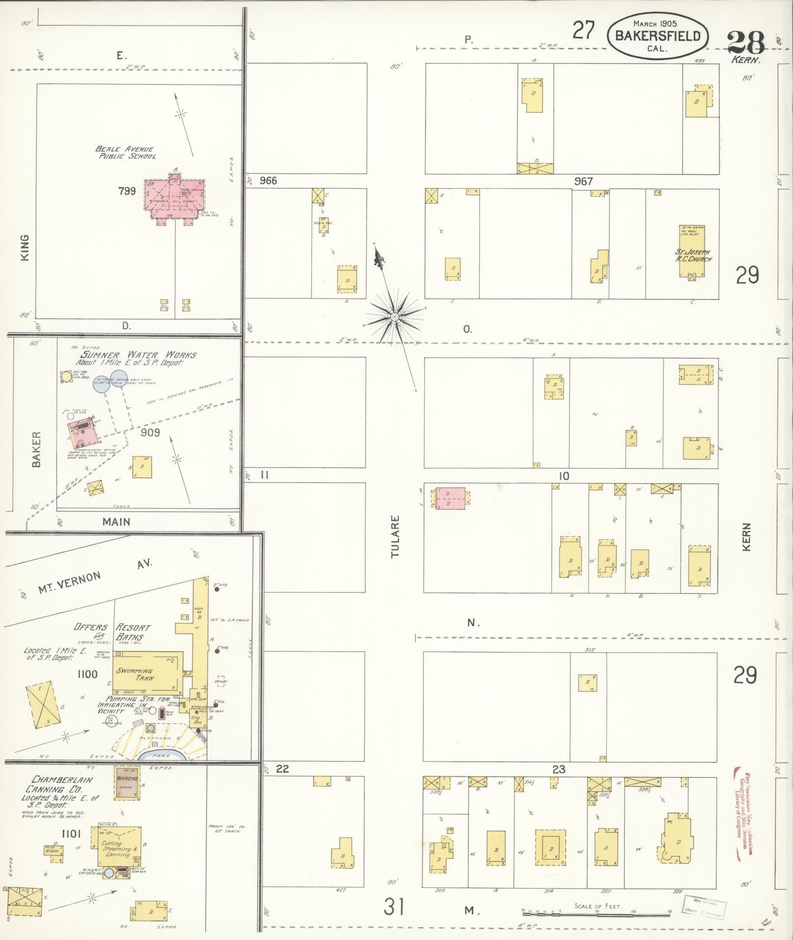 Sanborn Fire Insurance Map from Bakersfield, Kern County, California (1905), Sheet #0028 - Historic Sanborn Fire Insurance Map Print, vintage old map wall art, antique decor, genealogy gift, California California map