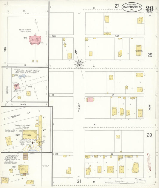 Sanborn Fire Insurance Map from Bakersfield, Kern County, California (1905), Sheet #0028 - Historic Sanborn Fire Insurance Map Print, vintage old map wall art, antique decor, genealogy gift, California California map