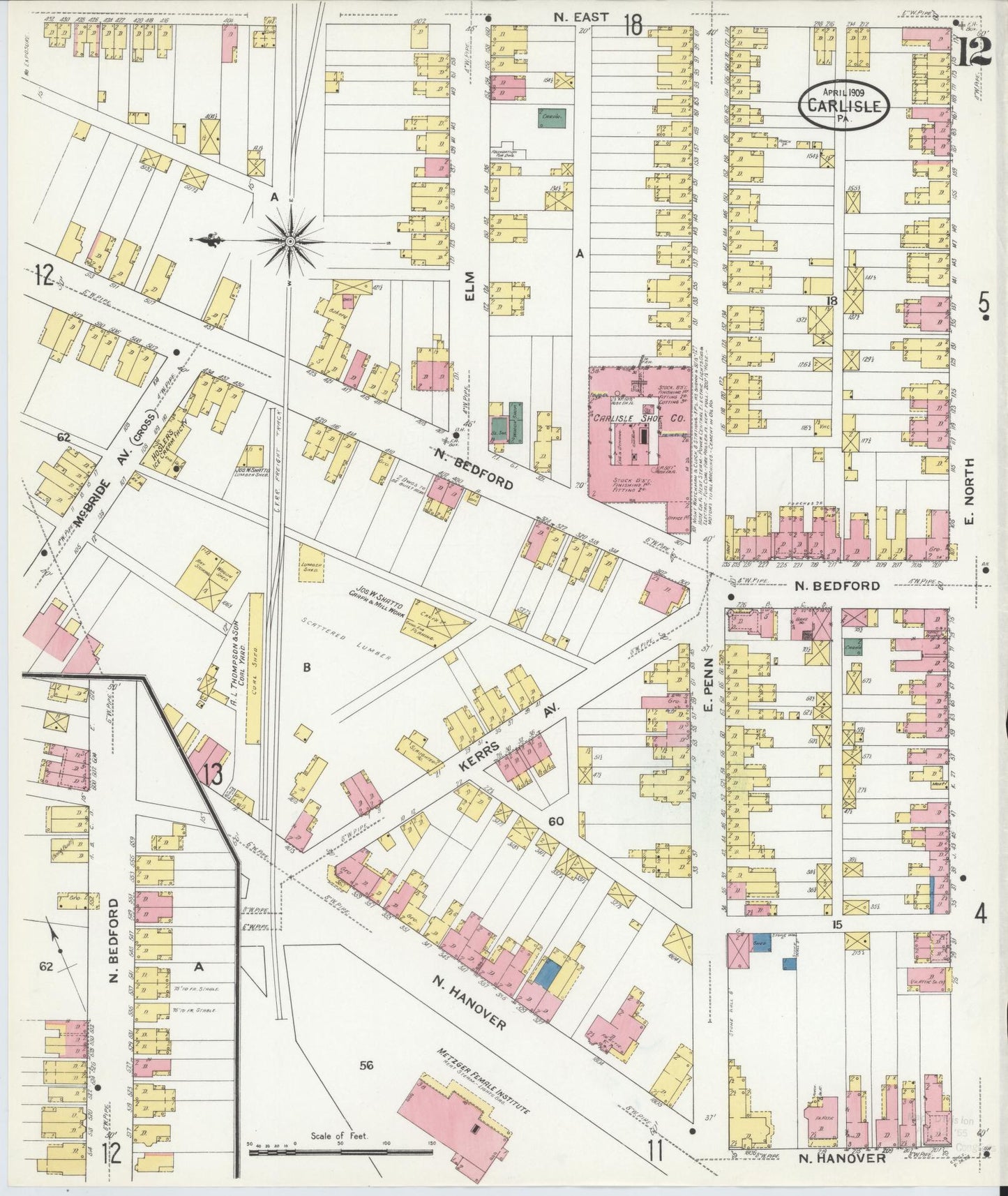 Sanborn Fire Insurance Map from Carlisle, Cumberland County, Pennsylvania (1909), Sheet #0012 - Historic Sanborn Fire Insurance Map Print, vintage old map wall art, antique decor, genealogy gift, Pennsylvania Pennsylvania map