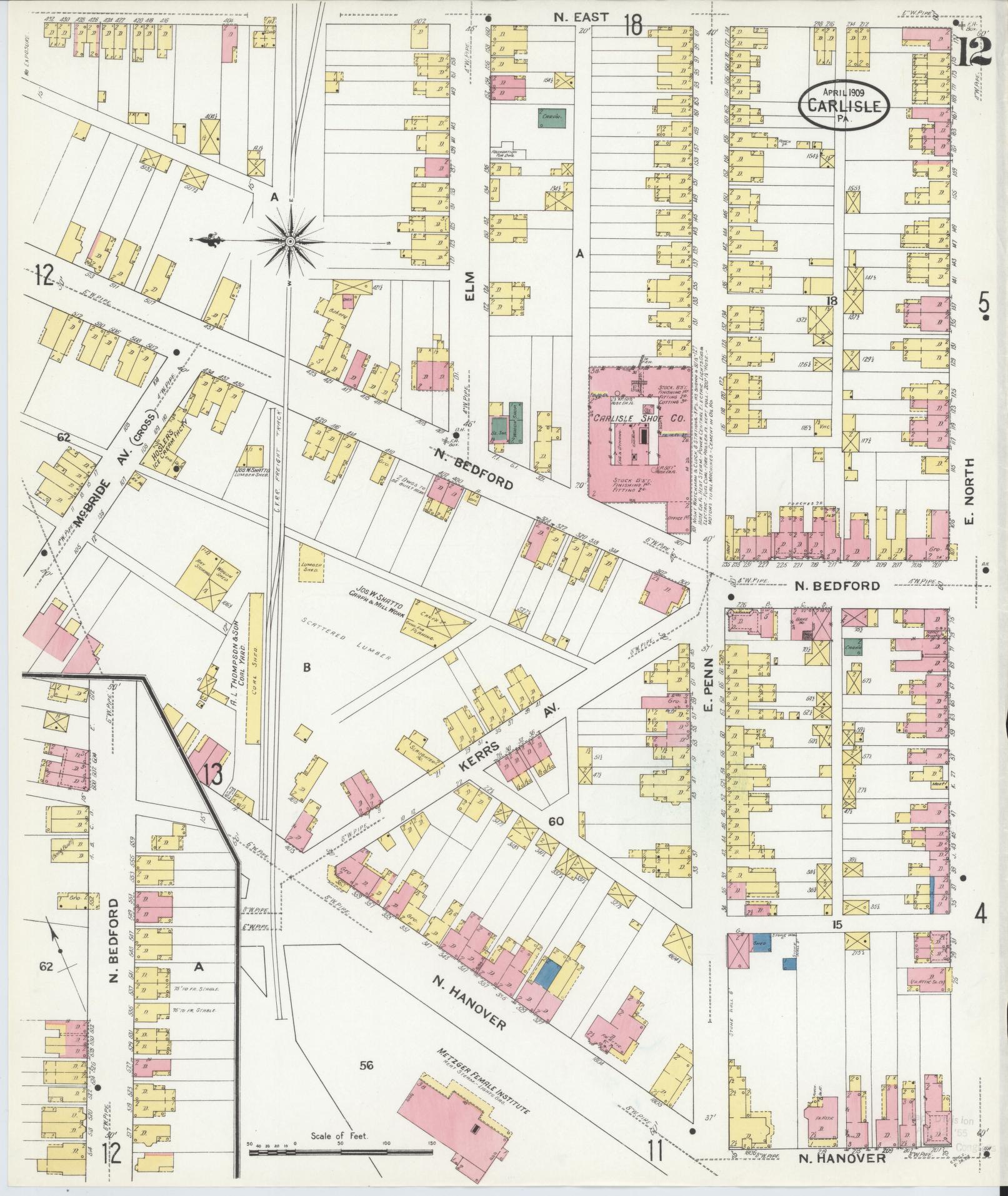 Sanborn Fire Insurance Map from Carlisle, Cumberland County, Pennsylvania (1909), Sheet #0012 - Historic Sanborn Fire Insurance Map Print, vintage old map wall art, antique decor, genealogy gift, Pennsylvania Pennsylvania map
