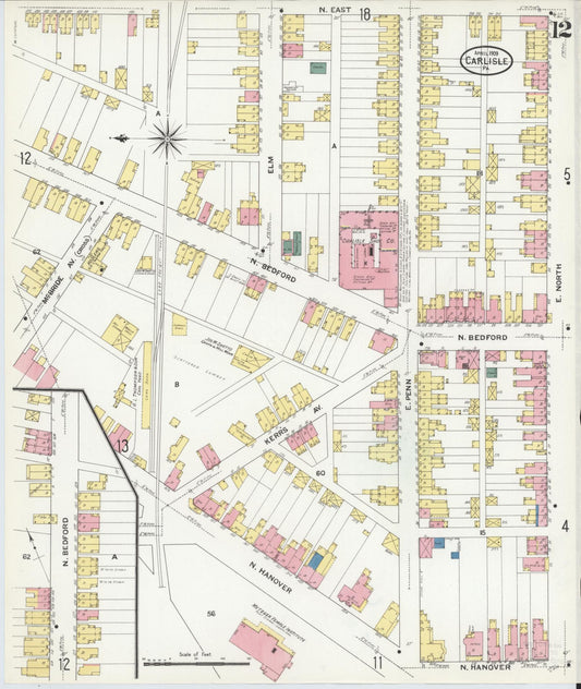 Sanborn Fire Insurance Map from Carlisle, Cumberland County, Pennsylvania (1909), Sheet #0012 - Historic Sanborn Fire Insurance Map Print, vintage old map wall art, antique decor, genealogy gift, Pennsylvania Pennsylvania map