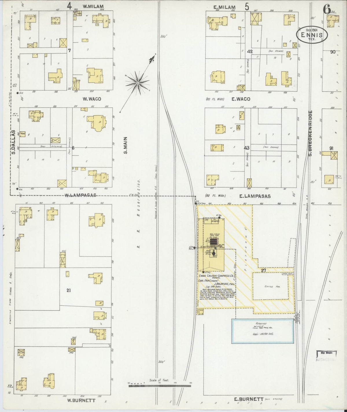 Sanborn Fire Insurance Map from Ennis, Ellis County, Texas (1901), Sheet #0006 - Historic Sanborn Fire Insurance Map Print, vintage old map wall art, antique decor, genealogy gift, Texas Texas map