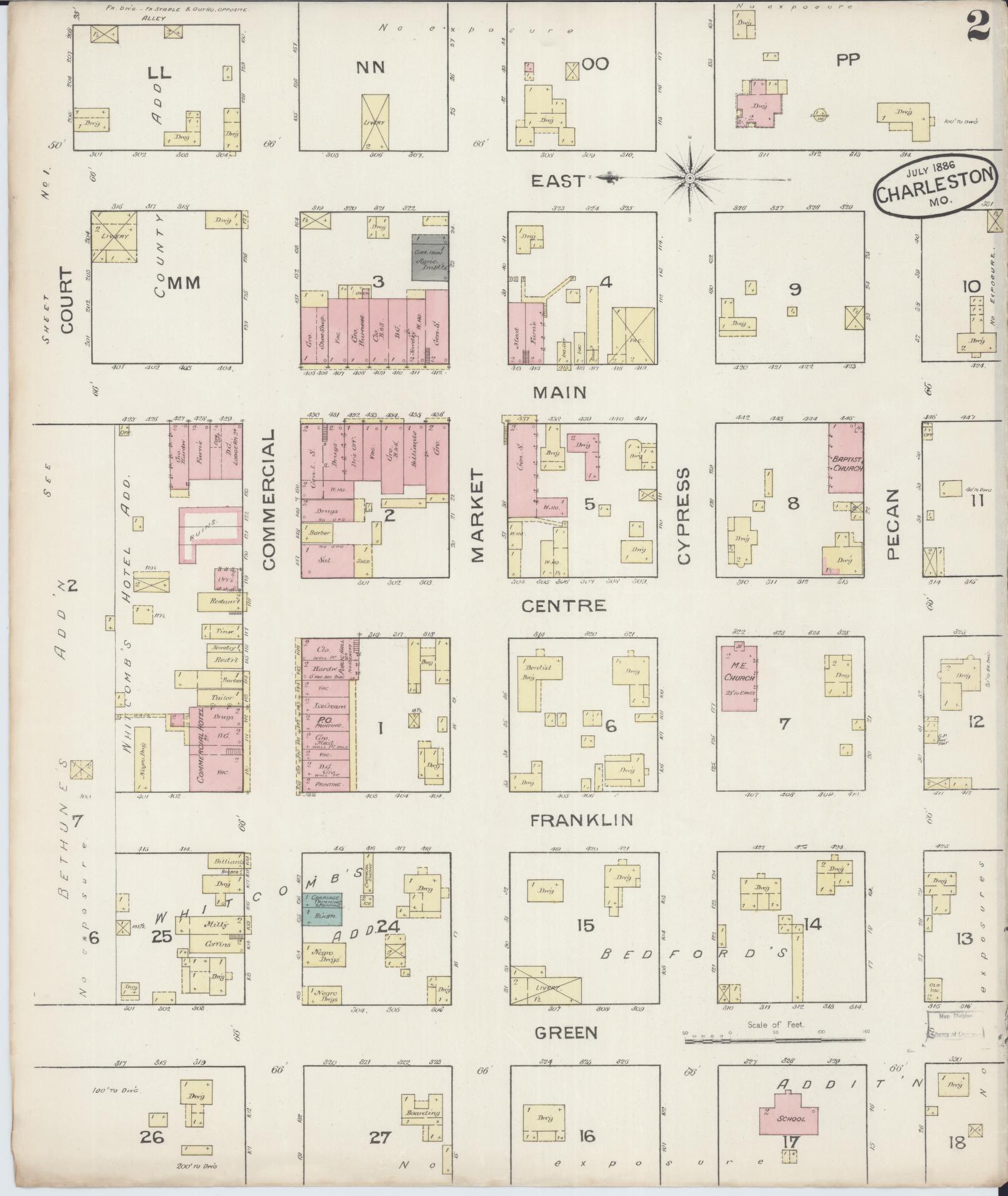 Sanborn Fire Insurance Map from Charleston, Mississippi County, Missouri (1886), Sheet #0002 - Historic Sanborn Fire Insurance Map Print, vintage old map wall art, antique decor, genealogy gift, Missouri Missouri map