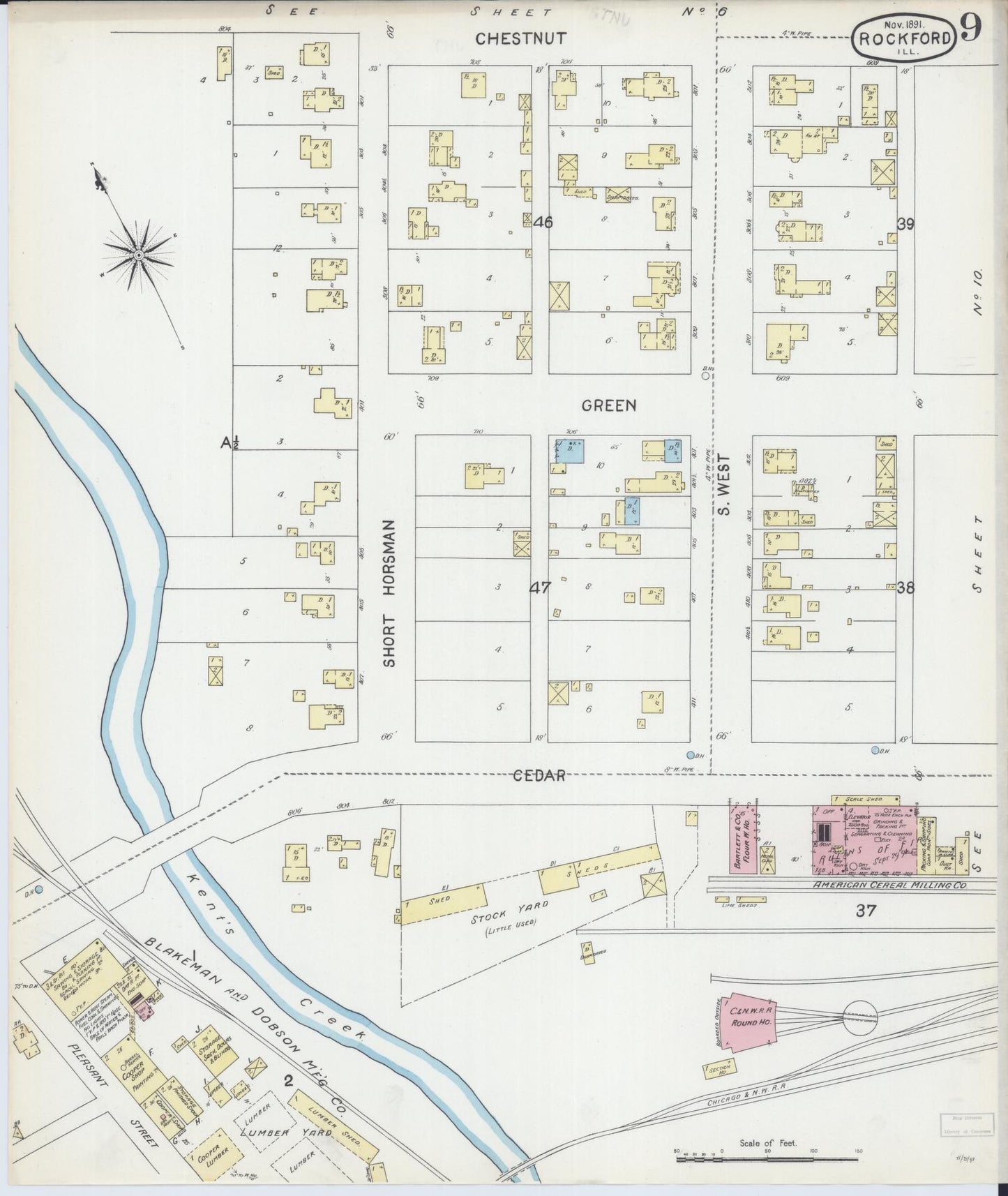 Sanborn Fire Insurance Map from Rockford, Winnebago County, Illinois (1891), Sheet #0009 - Complete Map Set gallery image, historic Sanborn map, vintage wall art, Illinois Illinois